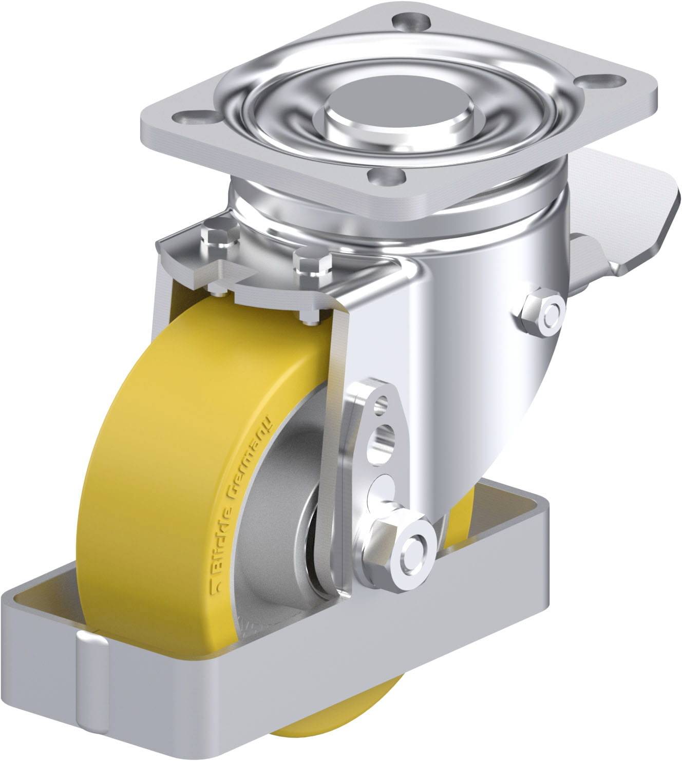 Gelbes Lenkrollenrad aus Metall und Gummi, montiert auf einem rechteckigen Gehäuse mit Drehgelenk, für Mobilität von Geräten.