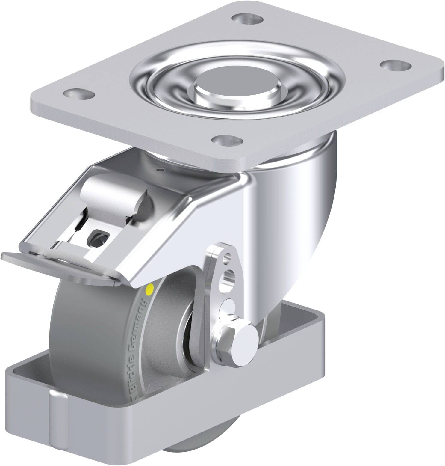 Industrie-Schwenkrolle aus Metall und Kunststoff in Silber, drehbar um 360 Grad, mit Montagesockel oben. Ideal für Möbel oder Geräte.