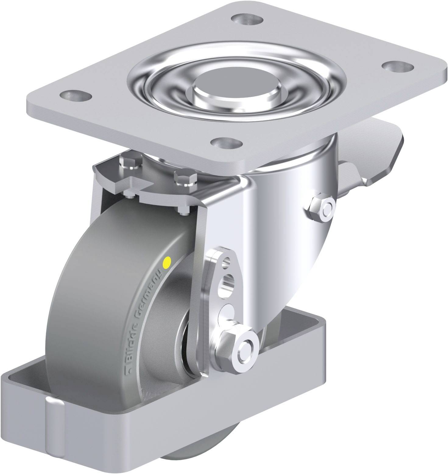 Graue Drehrolle mit Metallgehäuse, geeignet zur Befestigung an Möbeln oder Geräten, ermöglicht einfaches Bewegen und Drehen.