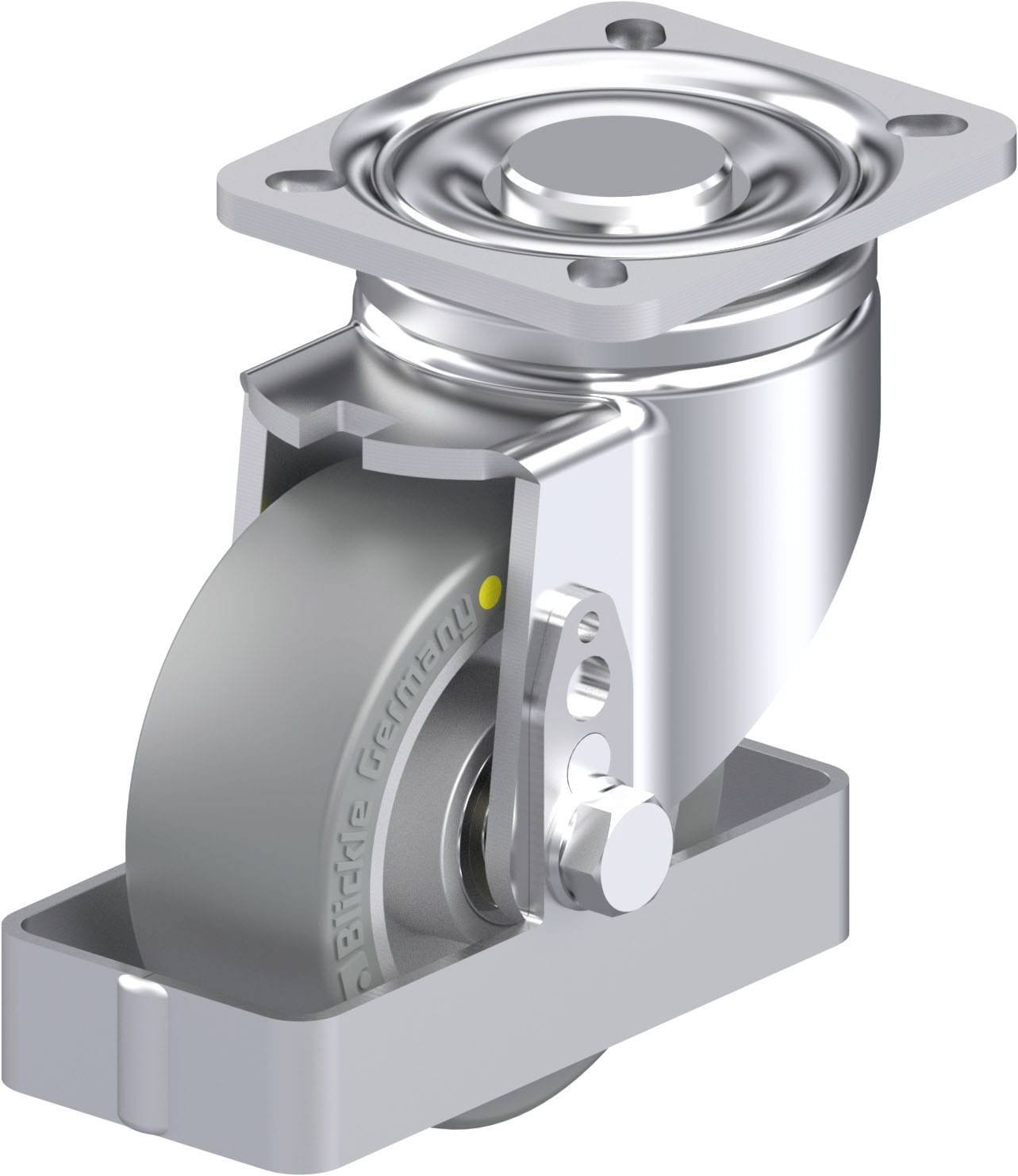 Schwenkrolle aus Metall und Kunststoff, montiert auf eine rechteckige Platte. Geeignet für Transportausrüstung in industriellen Anwendungen.