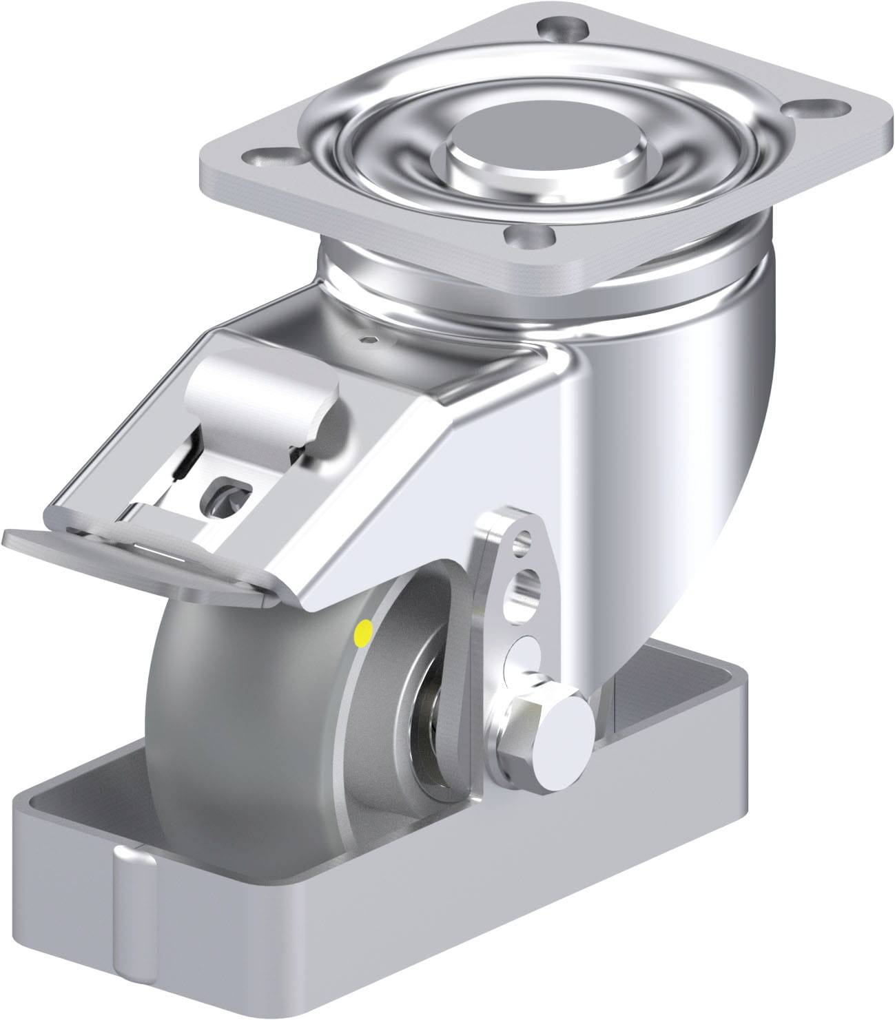 Industrie-Schwenkrolle aus Metall mit Bremse, montierbarer Platte und drehbarem Rad, geeignet für schwere Lasten.