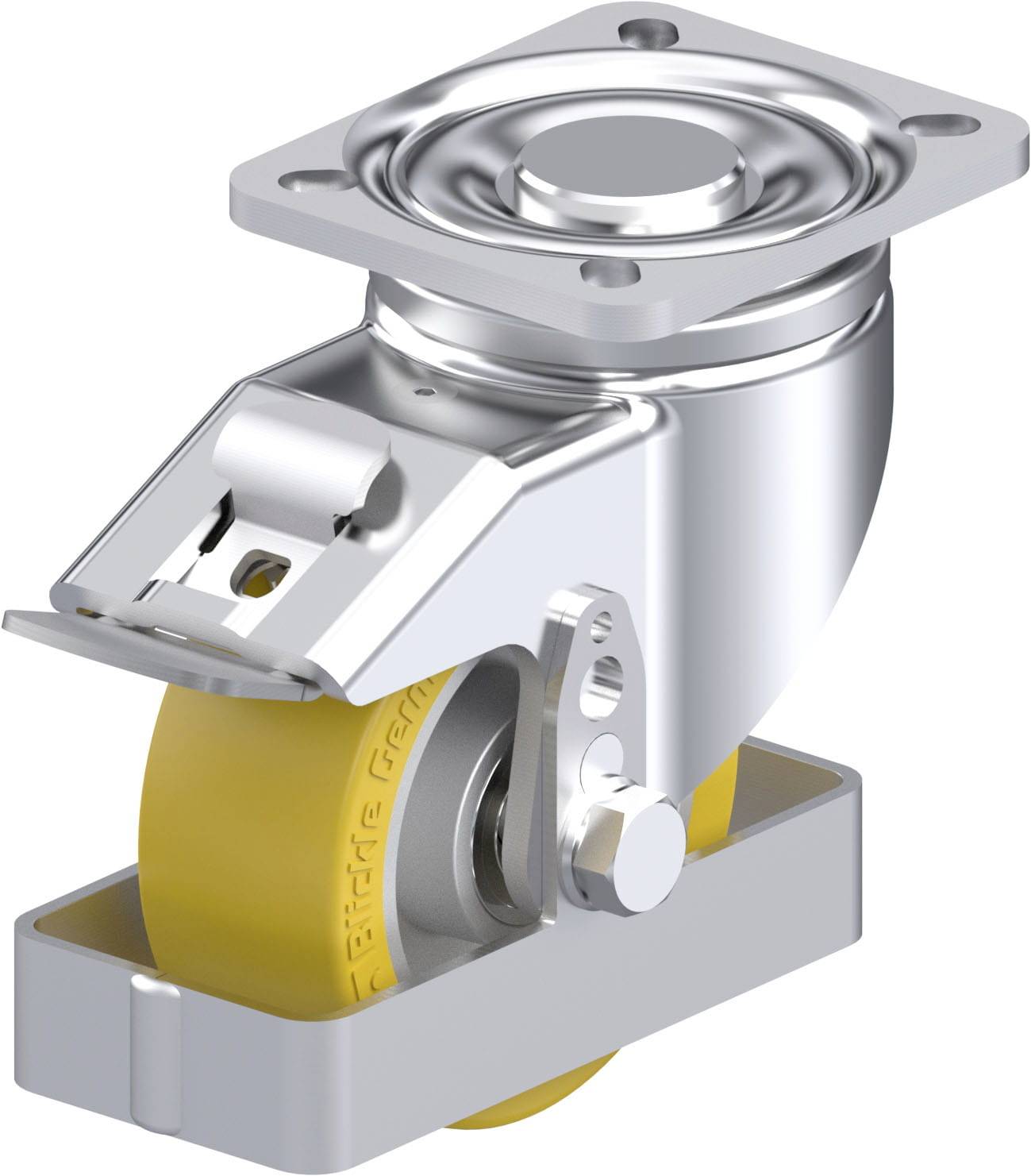 Ein schwenkbares Lenkrollensystem mit gelbem Rad und silbernem Metallgehäuse. Es scheint eine industrielle Anwendung zu haben.