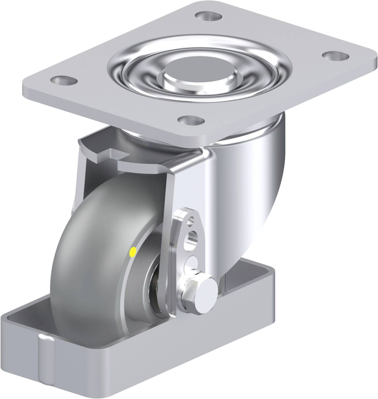 Metall-Schwenkrolle mit grauem Rad und quadratischer Montagemanschette, geeignet für Industrie- oder Möbelanwendungen.