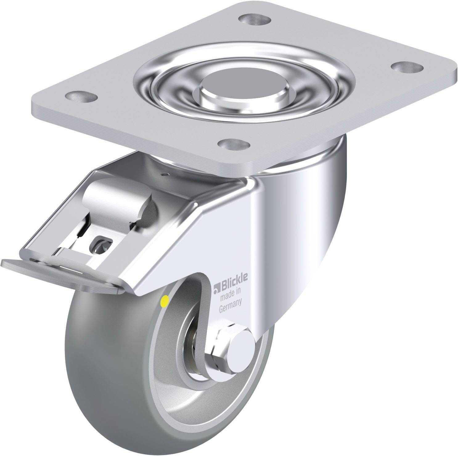 Schwenkrolle aus Metall mit grauer Gummireifen und Befestigungsplatte, geeignet für schwere Lasten.