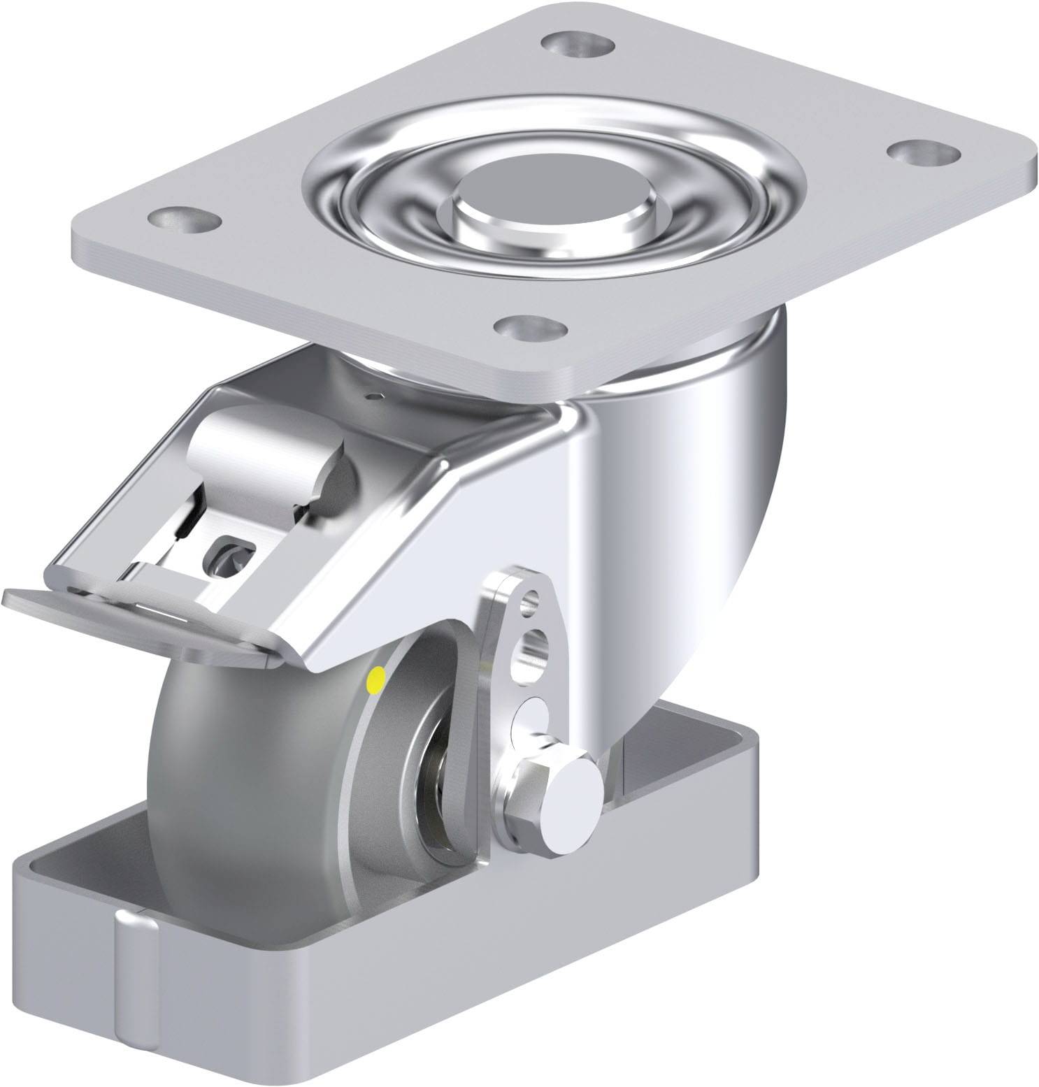 Industrie-Rollenhalter aus Metall, speziell für Maschinen oder Möbel. Robuste Konstruktion mit Drehring und rechteckiger Basis.