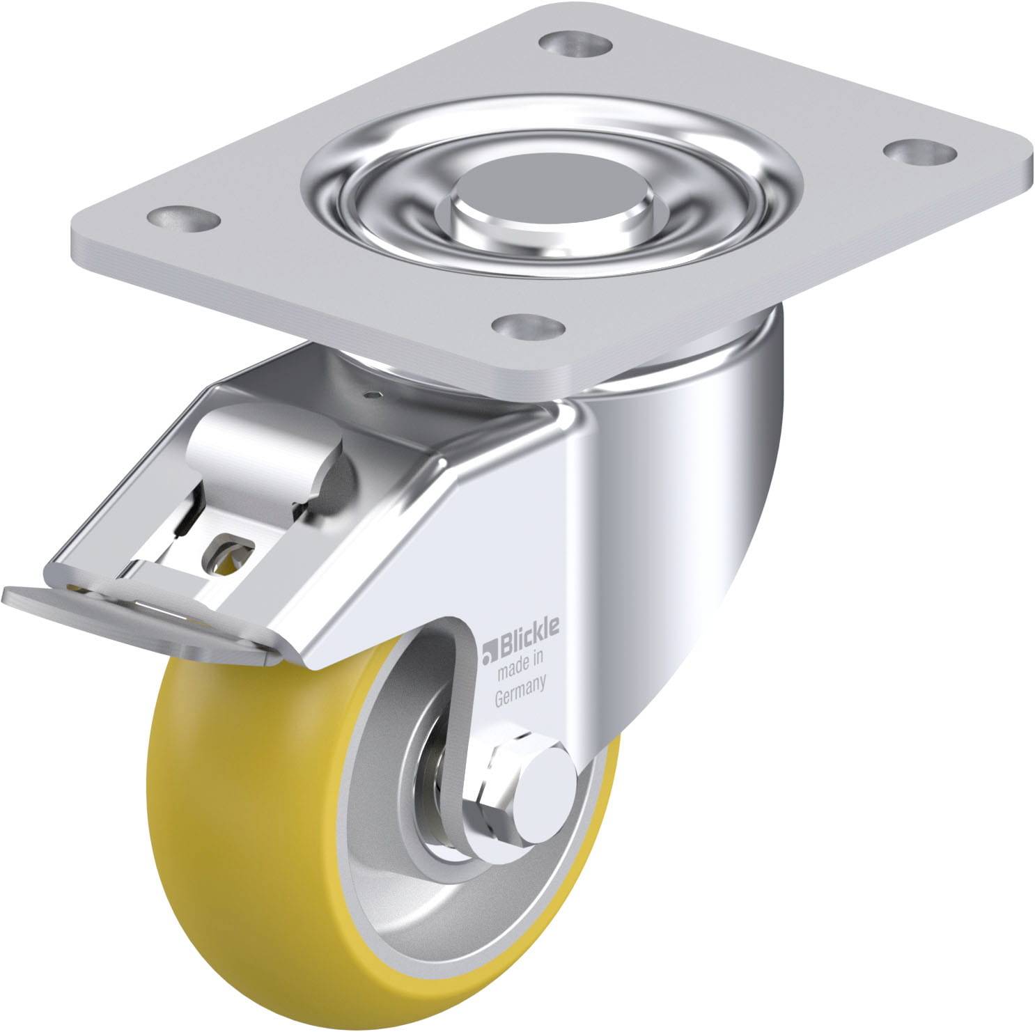 Industrie-Schwenkrolle mit gelbem Rad, Metallhalterung und Montageplatte. Geeignet für Möbel oder Transportwagen.