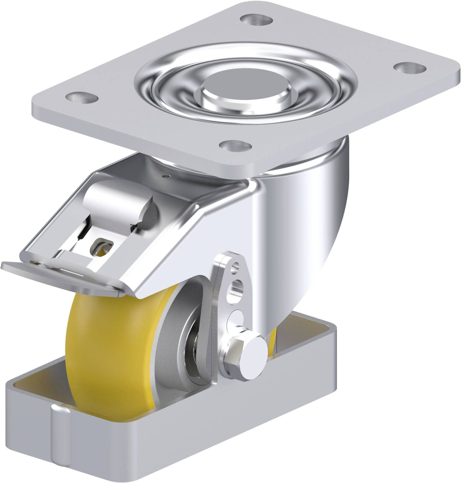 Metallisches Rollenrad mit gelbem, gummiertem Rad und Befestigungsplatte. Wird zur Bewegung von Möbeln oder Geräten verwendet.