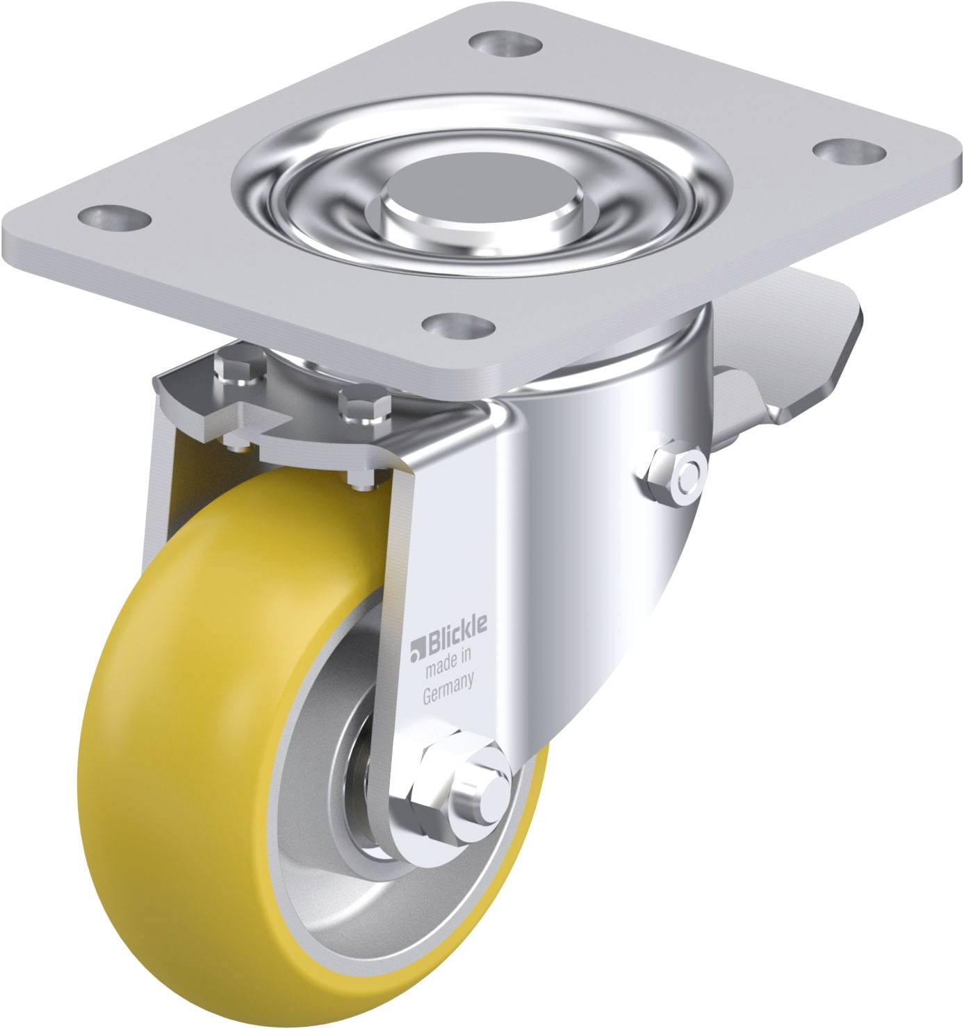 Ein drehbares, gelbes Rad mit einer Metallplatte zur Befestigung, oft als Möbel- oder Transportrolle verwendet.