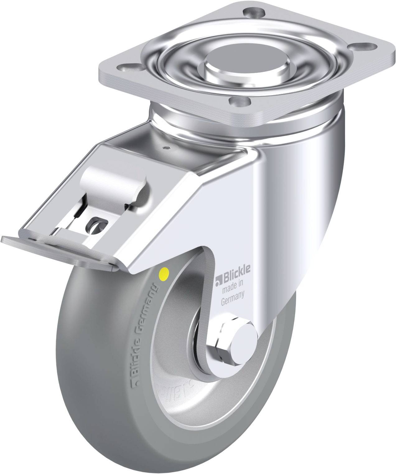 Schwenkrolle mit grauer Gummibereifung, Metallgehäuse und Befestigungsplatte. Geeignet für Möbel oder Geräte auf glatten Böden.