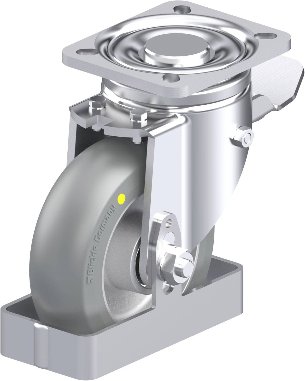 Industrie-Schwenkrolle mit grauem Rad, robustem Gehäuse und Befestigungsplatte. Dient dem flexiblen Bewegen von Geräten oder Möbeln.