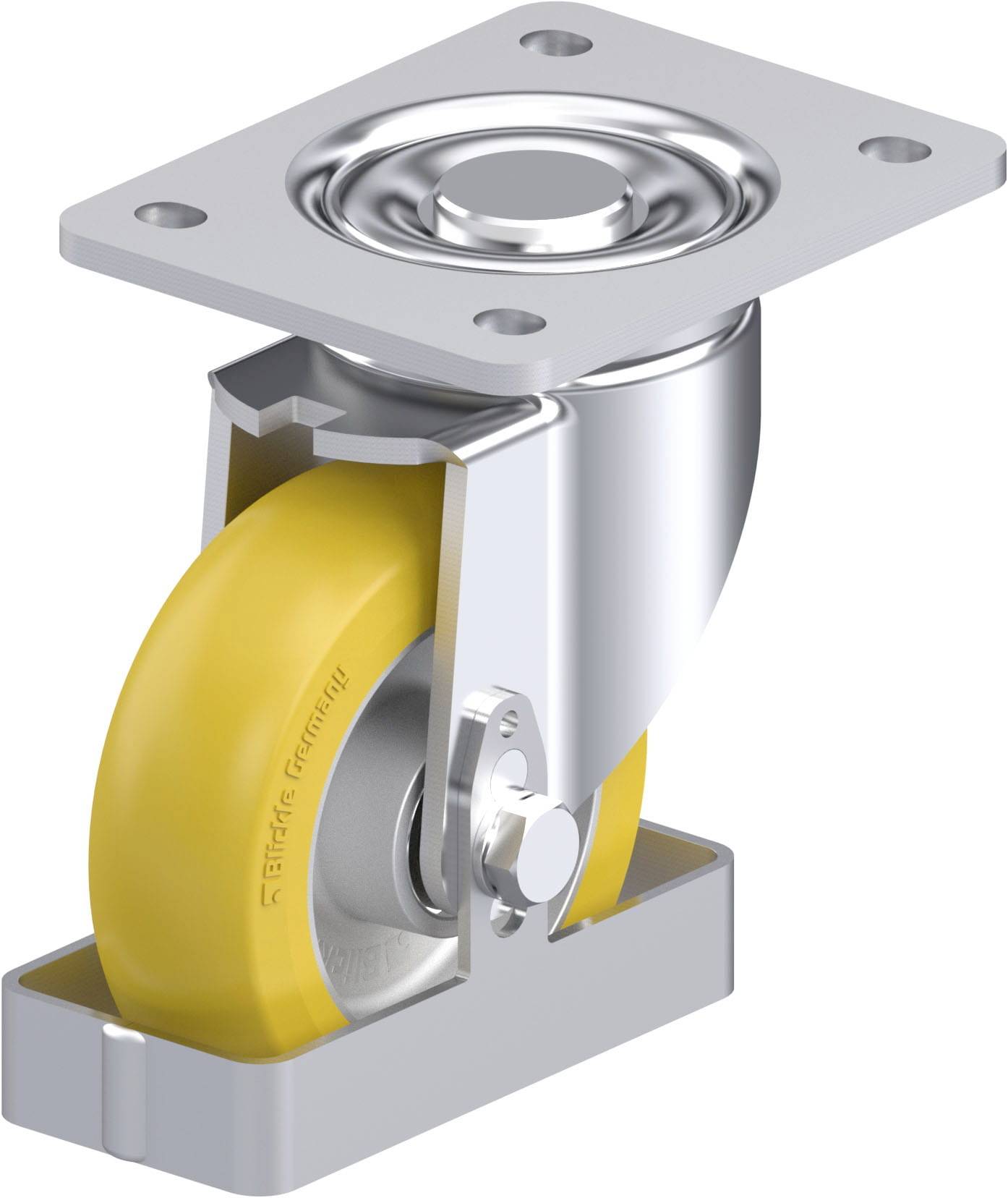 Schwenkrolle mit gelbem Rad und Metallhalterung, geeignet für schwere Lasten. Ideal für Transportgeräte und Industrieanwendungen.
