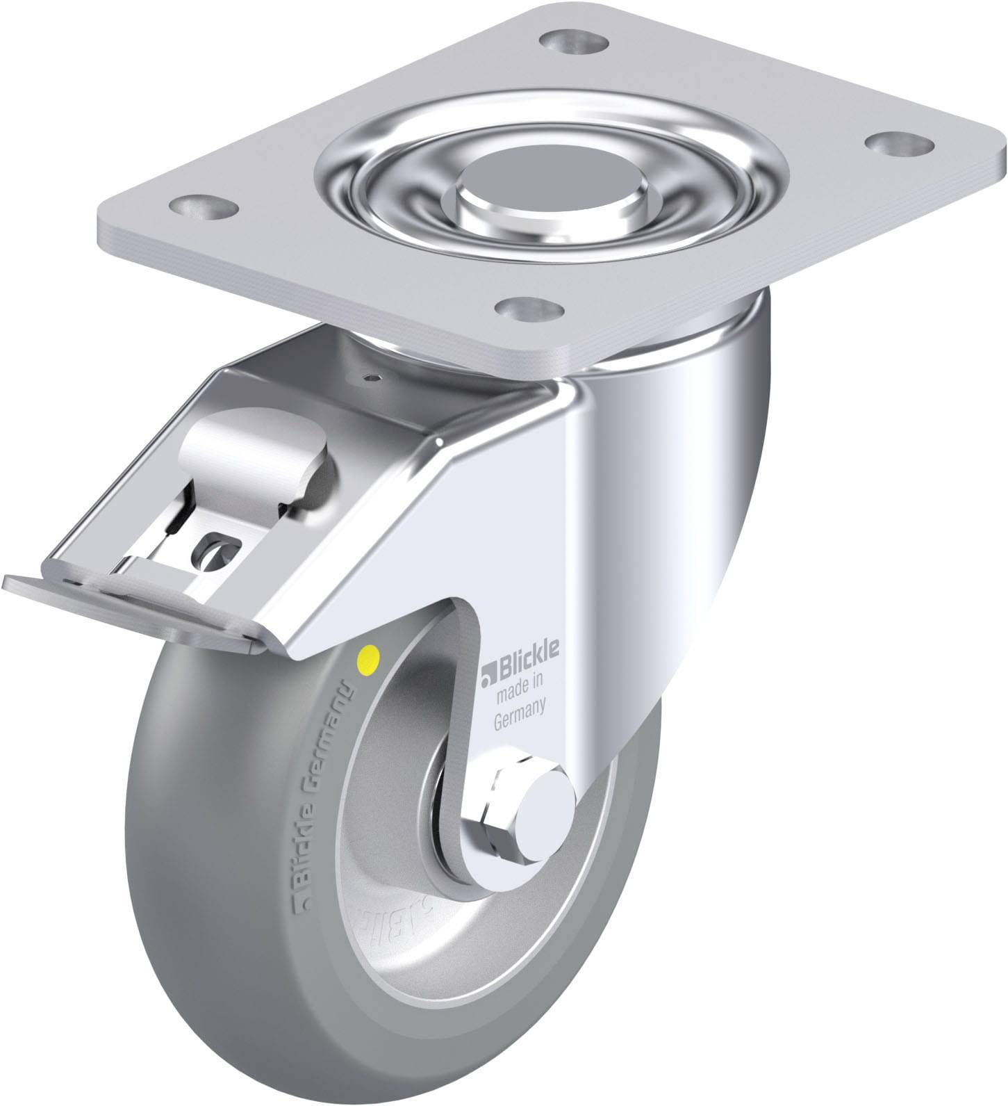 Schwenkbare Laufrolle aus Metall mit grauem Rad und Befestigungsplatte. Geeignet für leichte Industrienutzung oder Transportgeräte.
