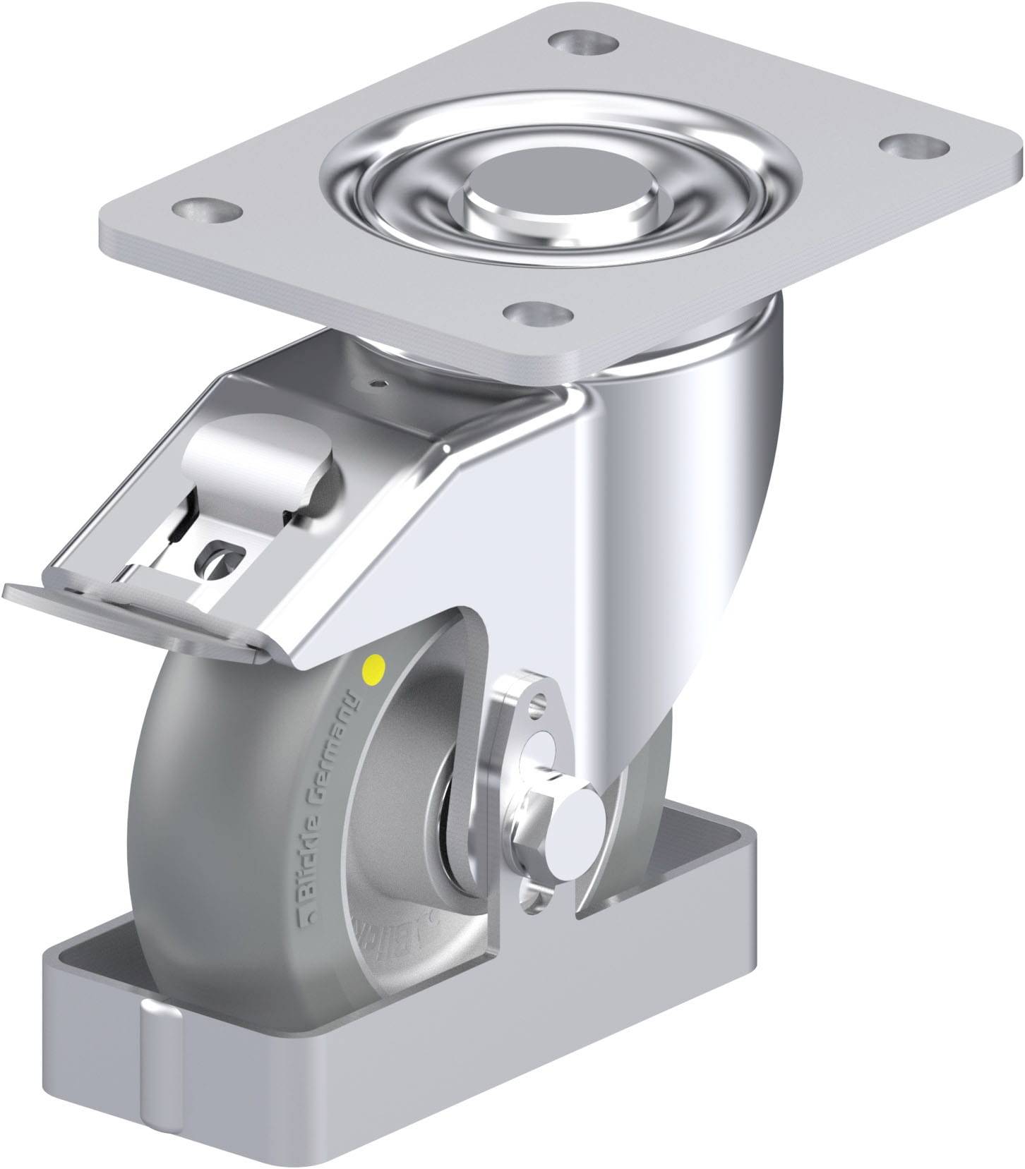 Industrie-Schwenkrolle aus Metall mit grauem Rad und Befestigungsplatte. Verwendet für das leichte Manövrieren schwerer Gegenstände.