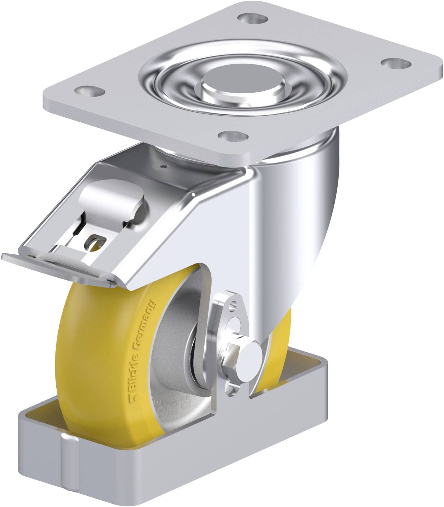 Drehbares Metall-Lenkrollenrad mit gelbem Gummi, montierbar an Möbeln oder Geräten für leichte Bewegung.