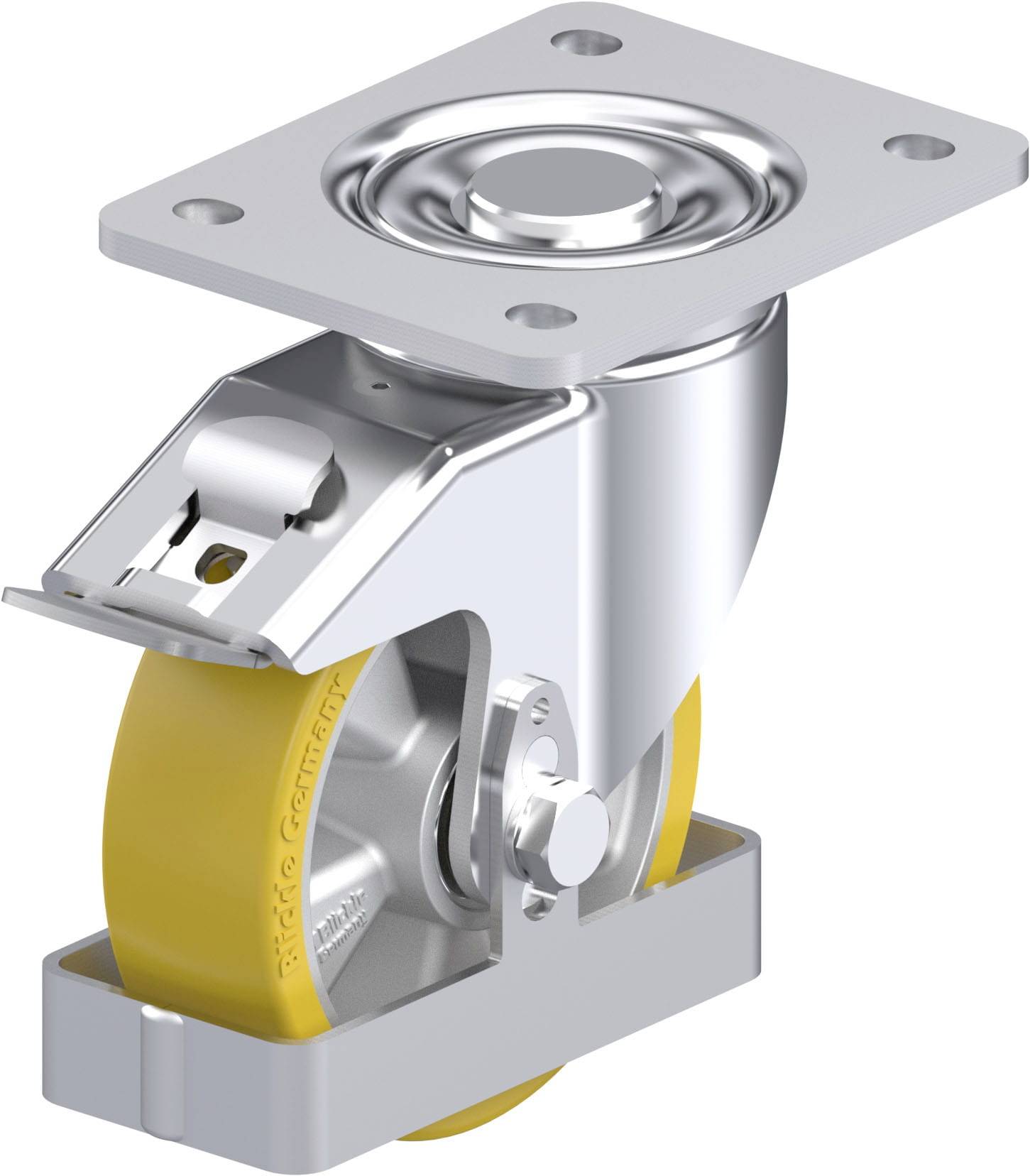 Ein drehbares Schwerlast-Lenkrollenrad aus Metall und gelbem Gummi, geeignet für industrielle Anwendungen, mit feststellbarer Funktion.