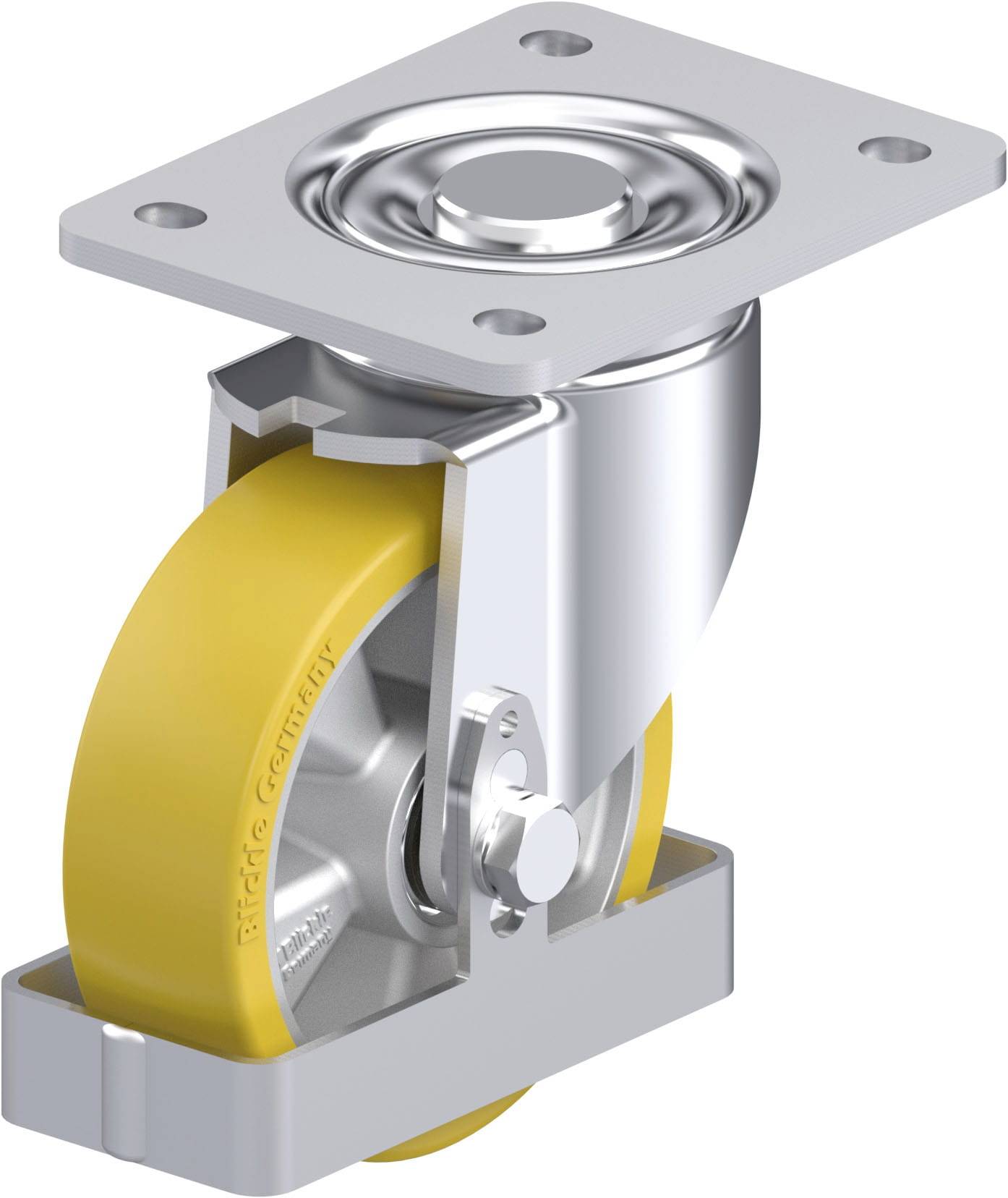 Lenkrolle aus Metall mit gelbem Rad, verwendet zur beweglichen Befestigung an Möbeln oder Geräten.
