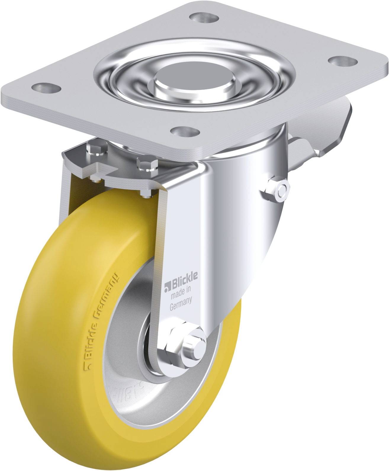 Lenkrolle mit gelbem Rad, Stahlgehäuse und Befestigungsplatte. Markierung auf dem Rad zeigt 'Blickle made in Germany'.