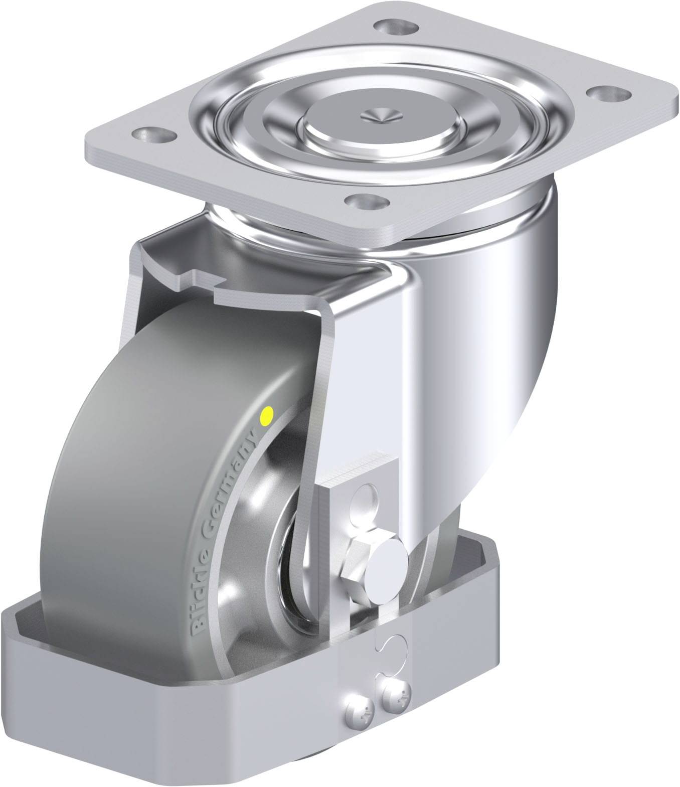 Lenkrolle mit grauem Gummirad und silbernem Gehäuse mit Befestigungsplatte. Ideal für Möbel oder Industrieanwendungen.