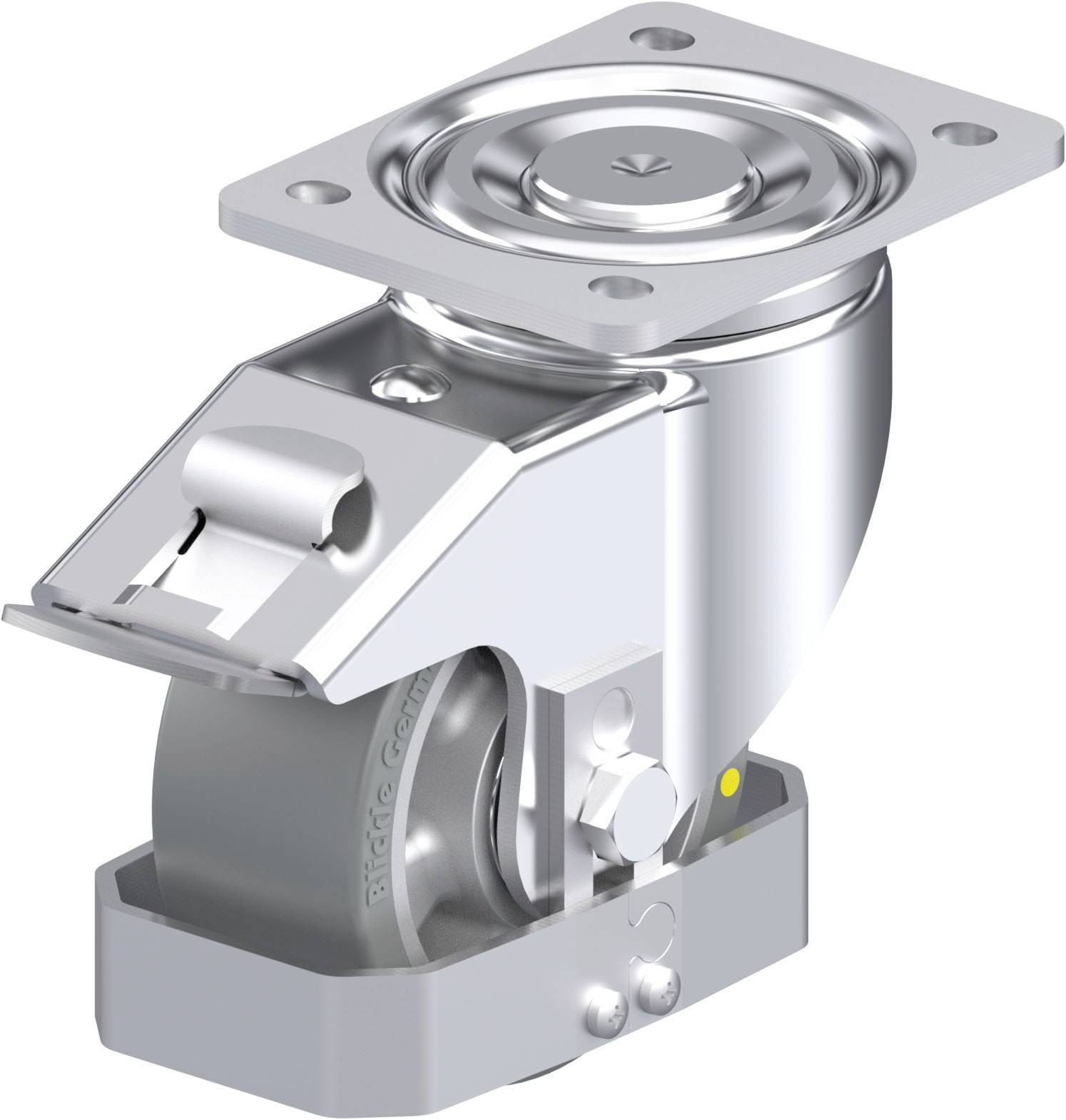Schwenkrolle mit Metallgehäuse und Platte zur Befestigung. Die Rolle ist aus Gummi und hat eine Verriegelungsfunktion für Stabilität.