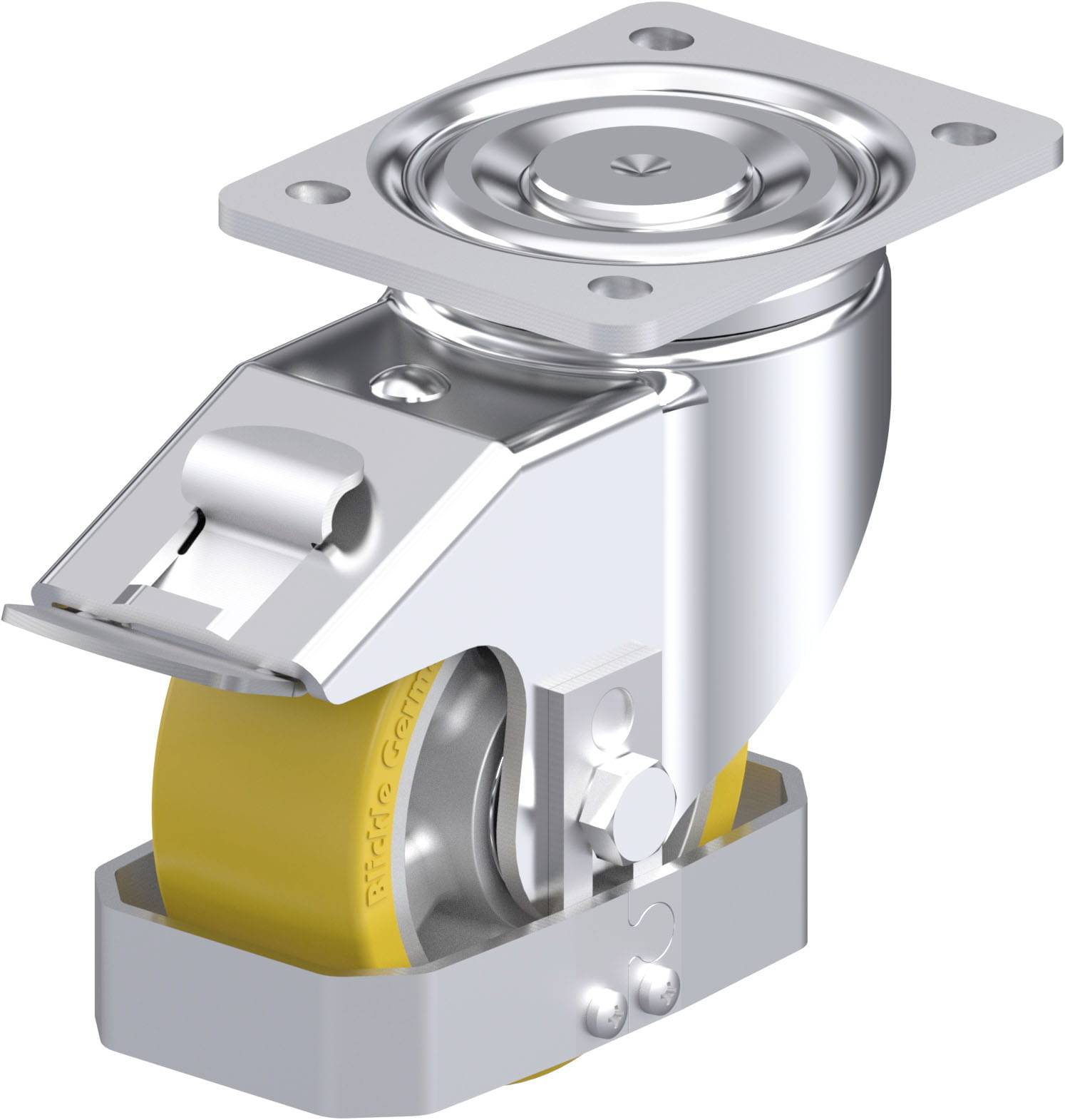 Schwenkrolle aus Metall mit gelbem Rad, robustes Design für schwere Lasten. Ideal für industrielle Anwendungen und Transportgeräte.