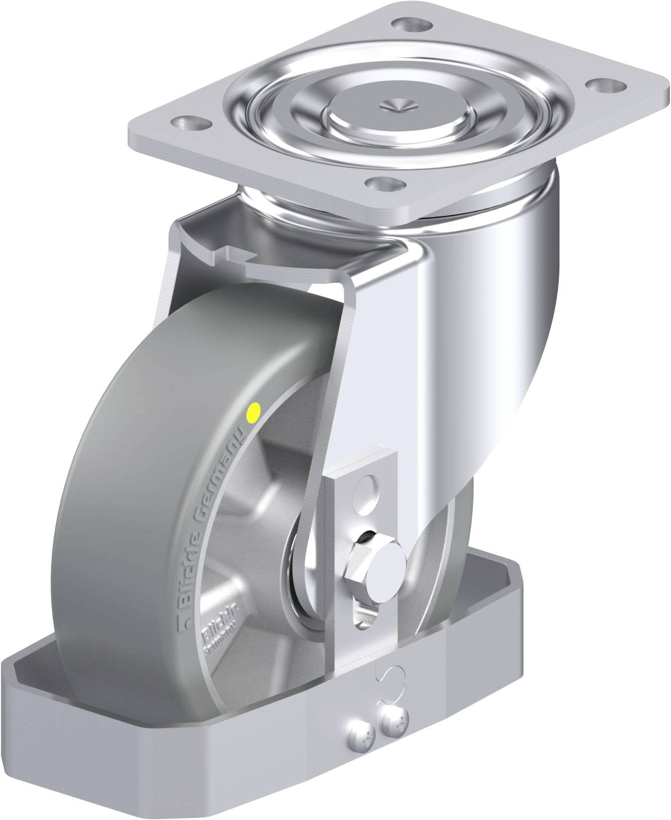 Graue Lenkrolle mit Metallgehäuse und Befestigungsplatte, von oben nach unten sichtbar. Geeignet für Industrie- oder Transportanwendungen.