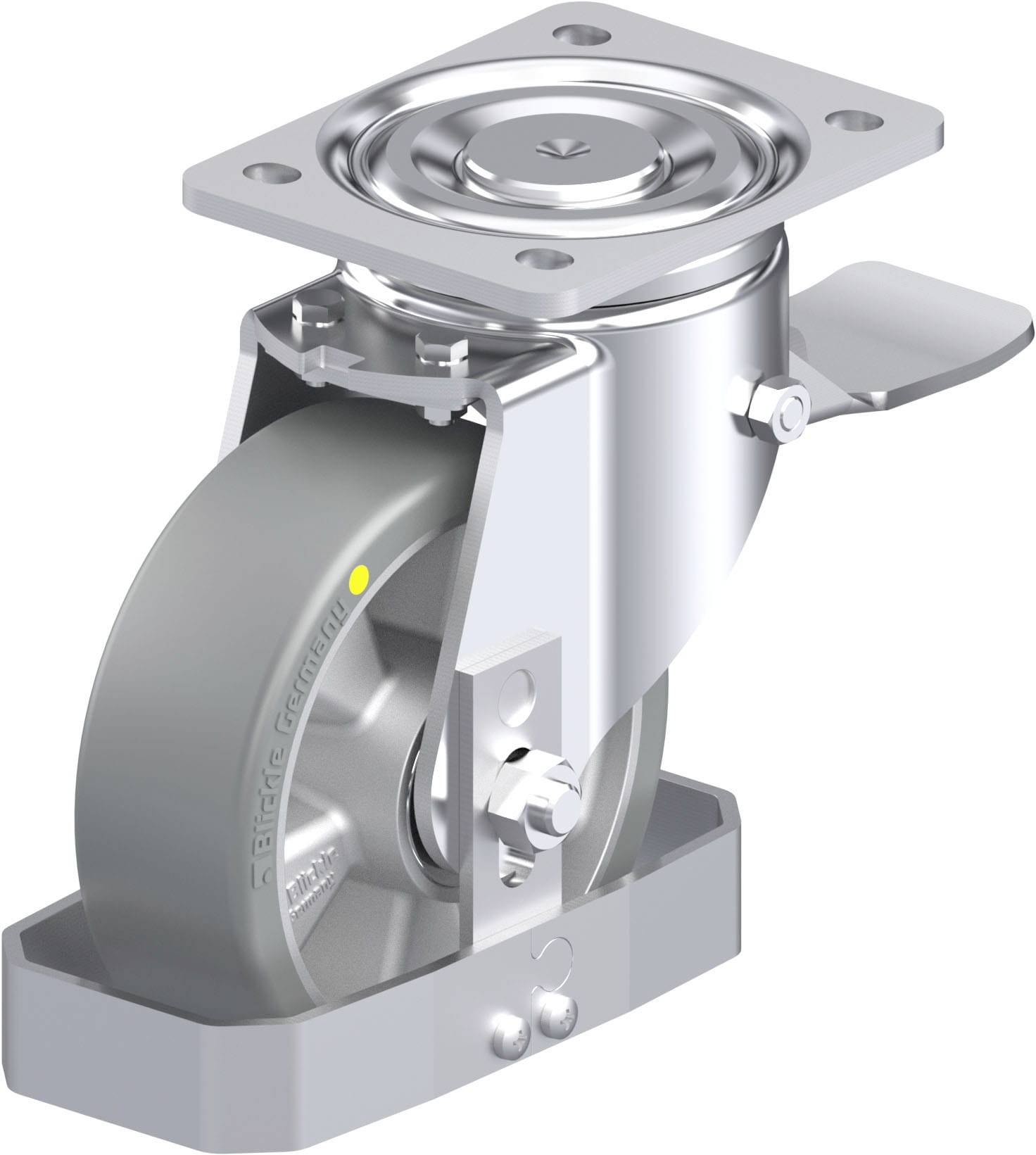 Industrie-Schwenkrolle aus Metall mit grauem Rad, montierbarer Platte und seitlichem Verriegelungshebel, perspektivische Ansicht.