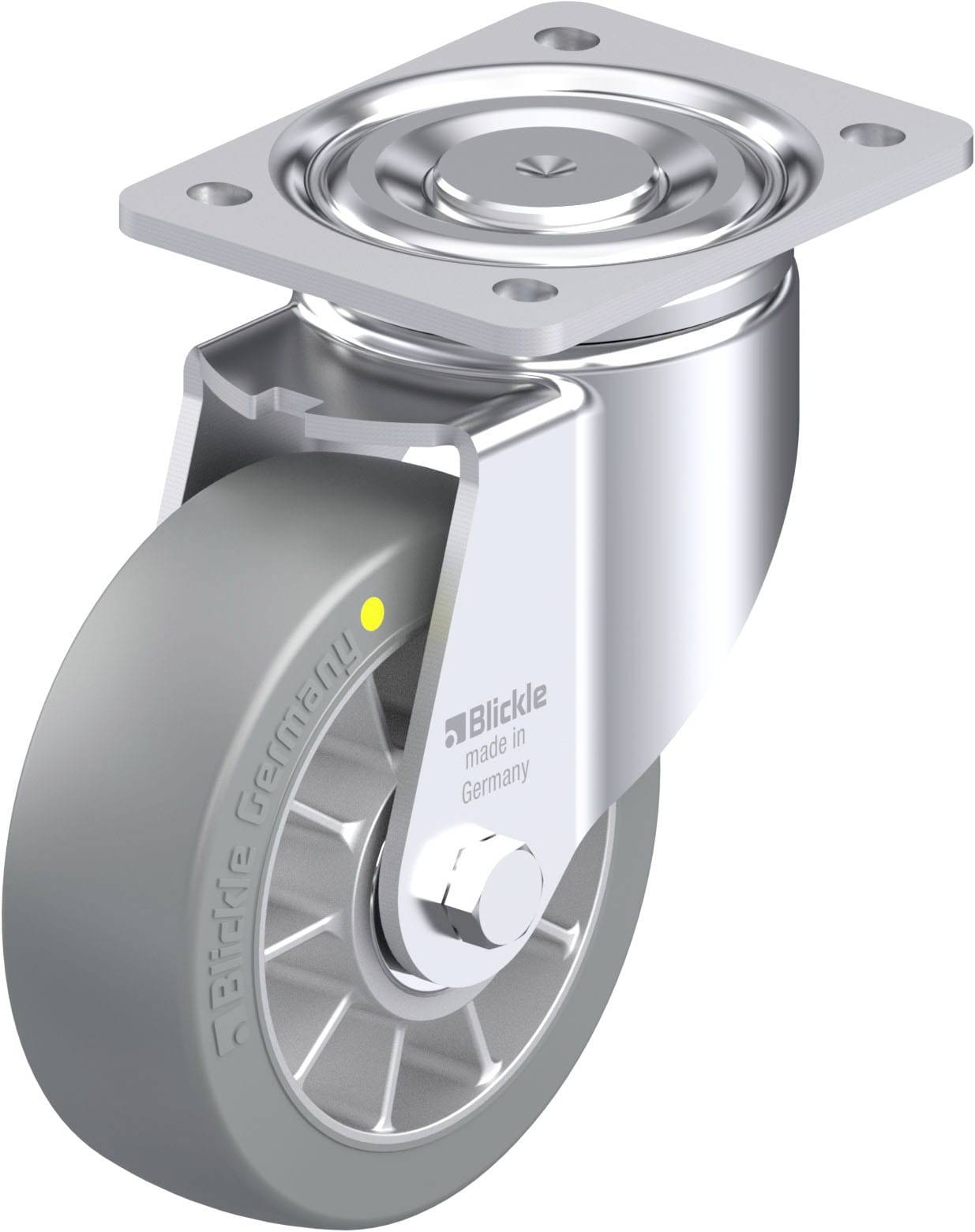 'Rollenrad mit grauem Reif und silbernem Gehäuse aus Metall, markiert mit dem Aufdruck 