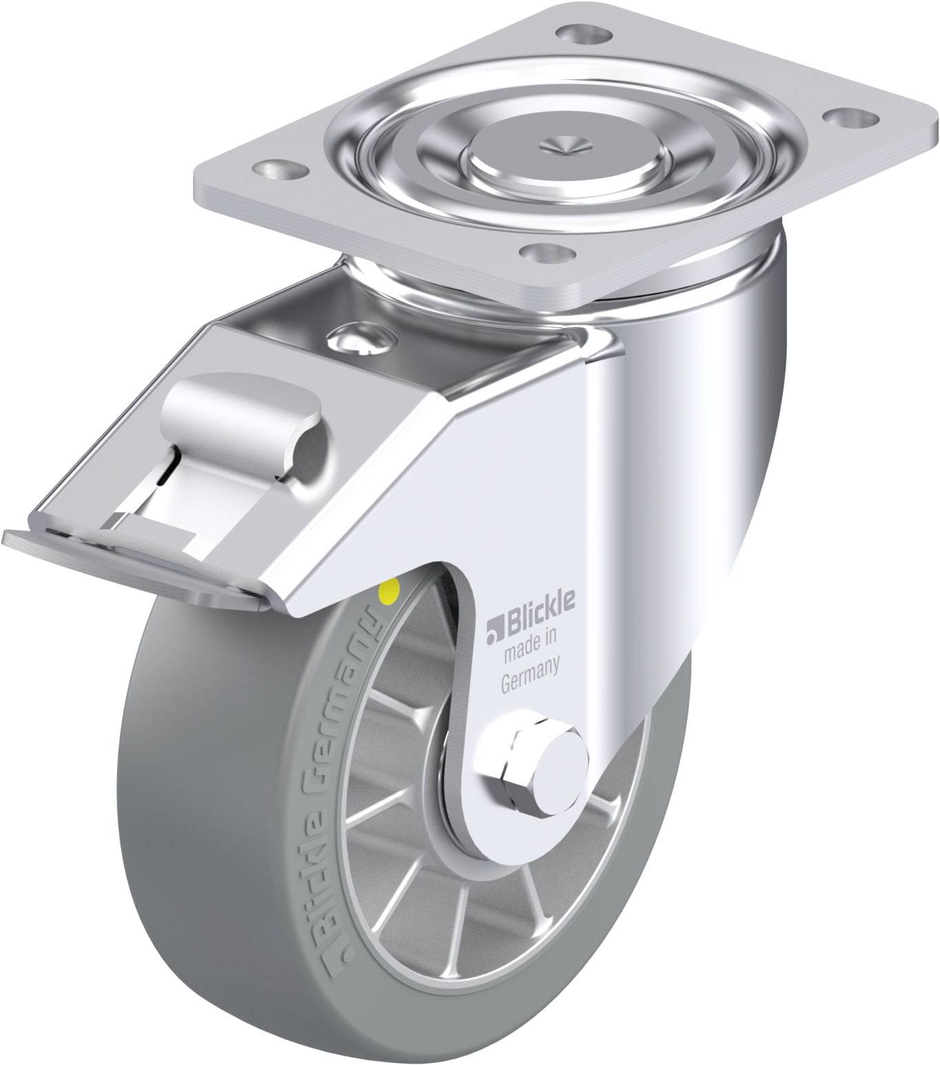 Lenkrolle aus Metall mit grauem Rad, befestigbarem Gehäuse und der Aufschrift 'Blickle made in Germany'.