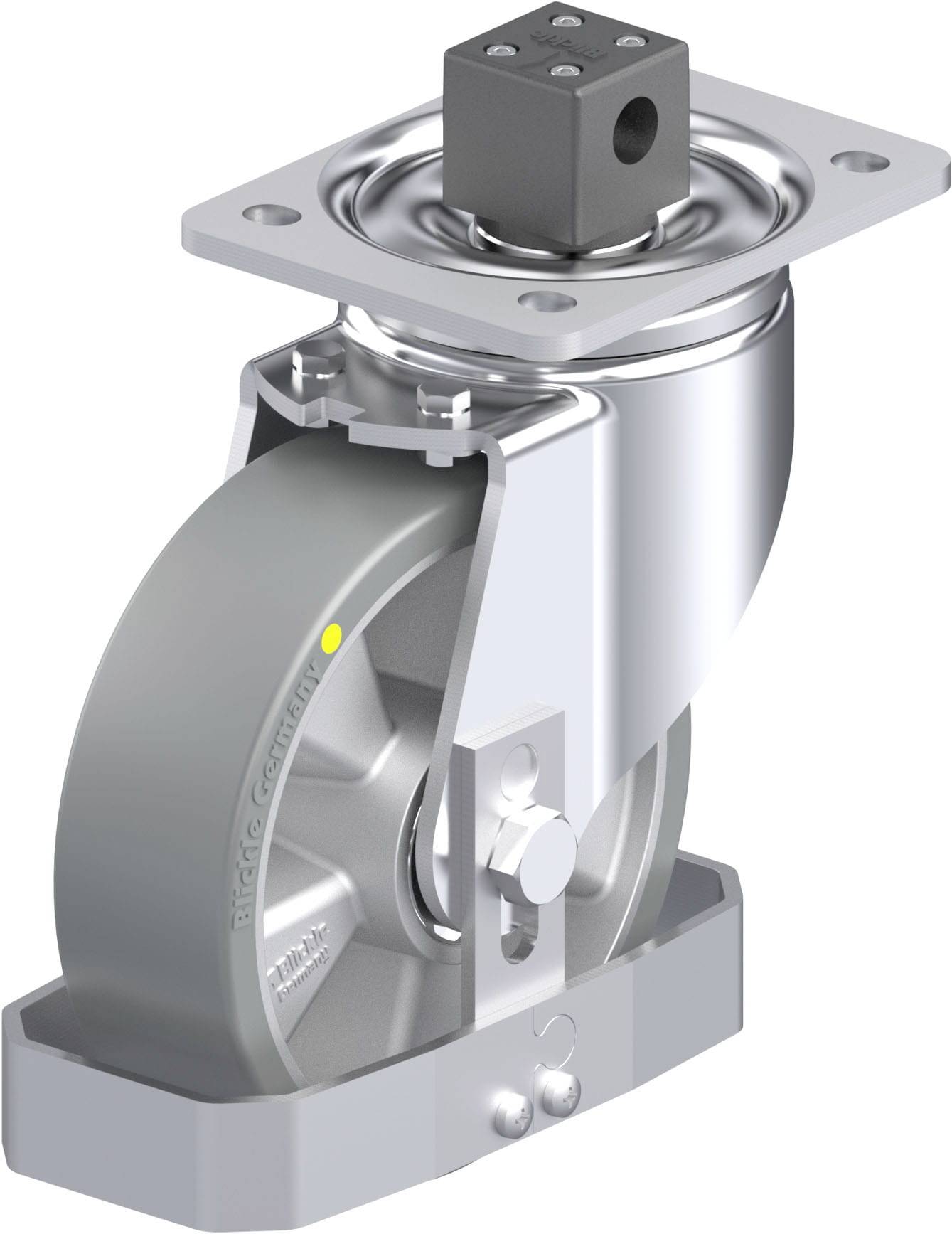 Schwenkrolle mit Metallgehäuse und grauem Rad. Oberseite zeigt eine Montageplatte für einfache Befestigung. Robust und vielseitig einsetzbar.