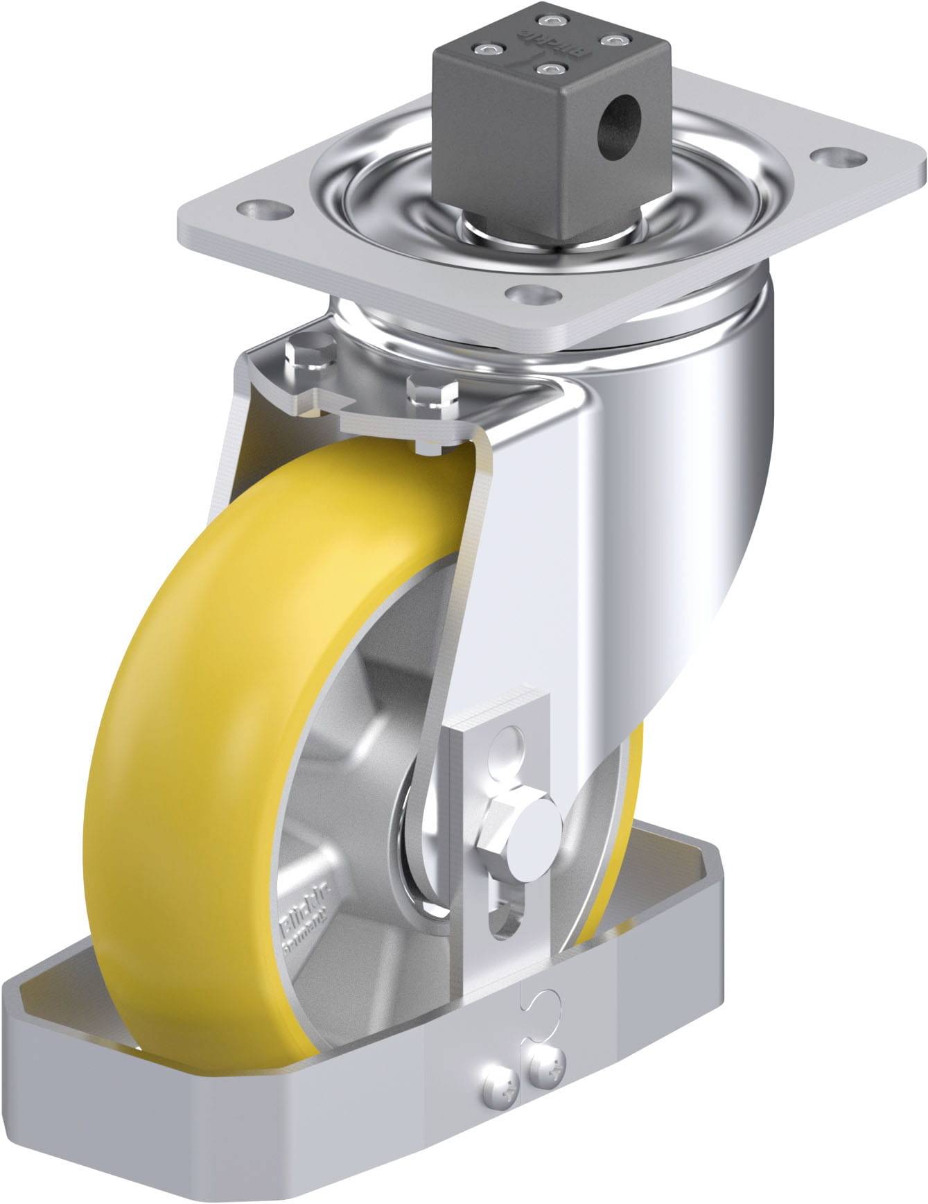 Metall-Rollenhalter mit drehbarem gelbem Rad, montiert auf einer quadratischen Platte. Geeignet für industrielle Anwendungen.