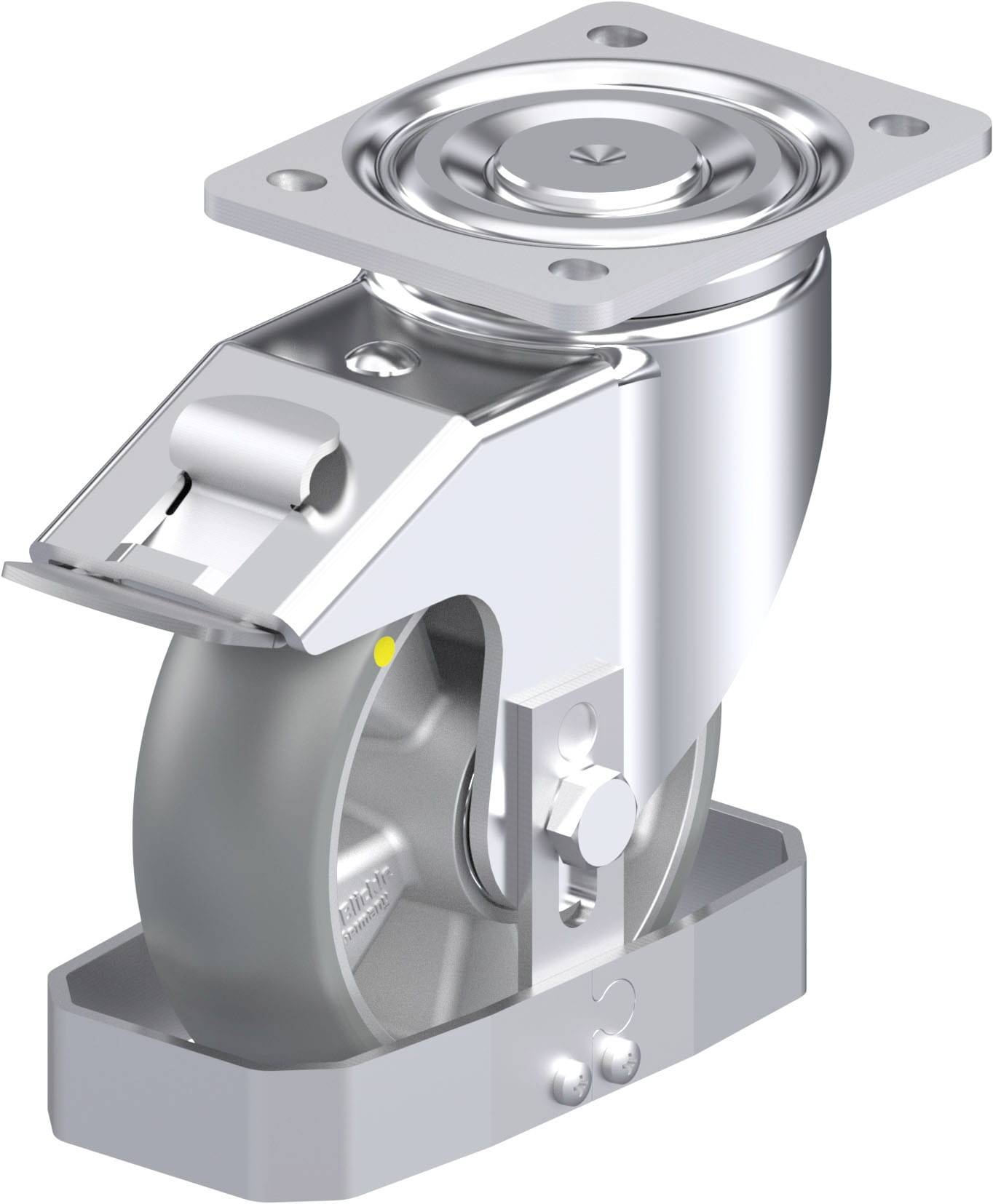 Metallisches Schwenkrollen-Rad mit Befestigungsplatte, geeignet für industrielle Anwendungen. Hochwertig verarbeitet und robust.