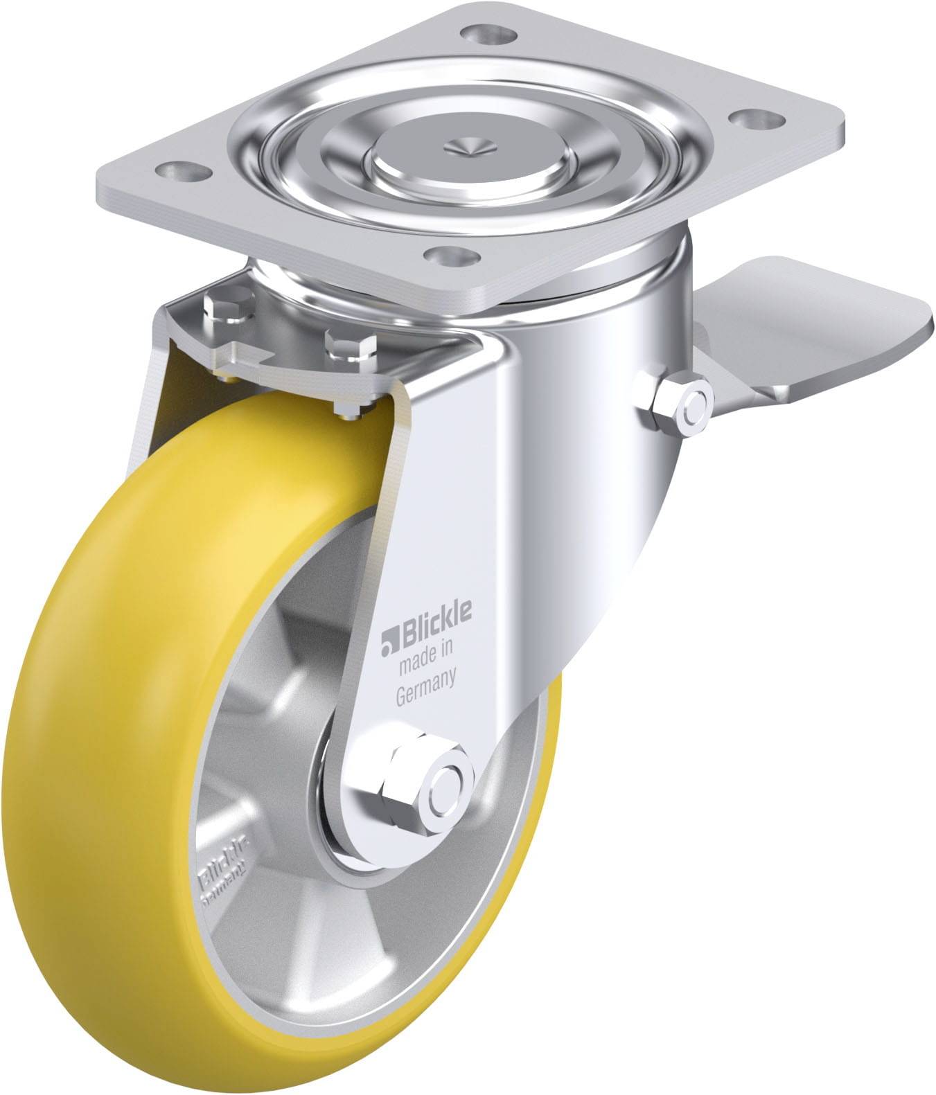 Eine lenkbare Rolle mit gelbem Rad und Metallgehäuse. Oben eine Montageplatte, seitlich ein Feststeller.