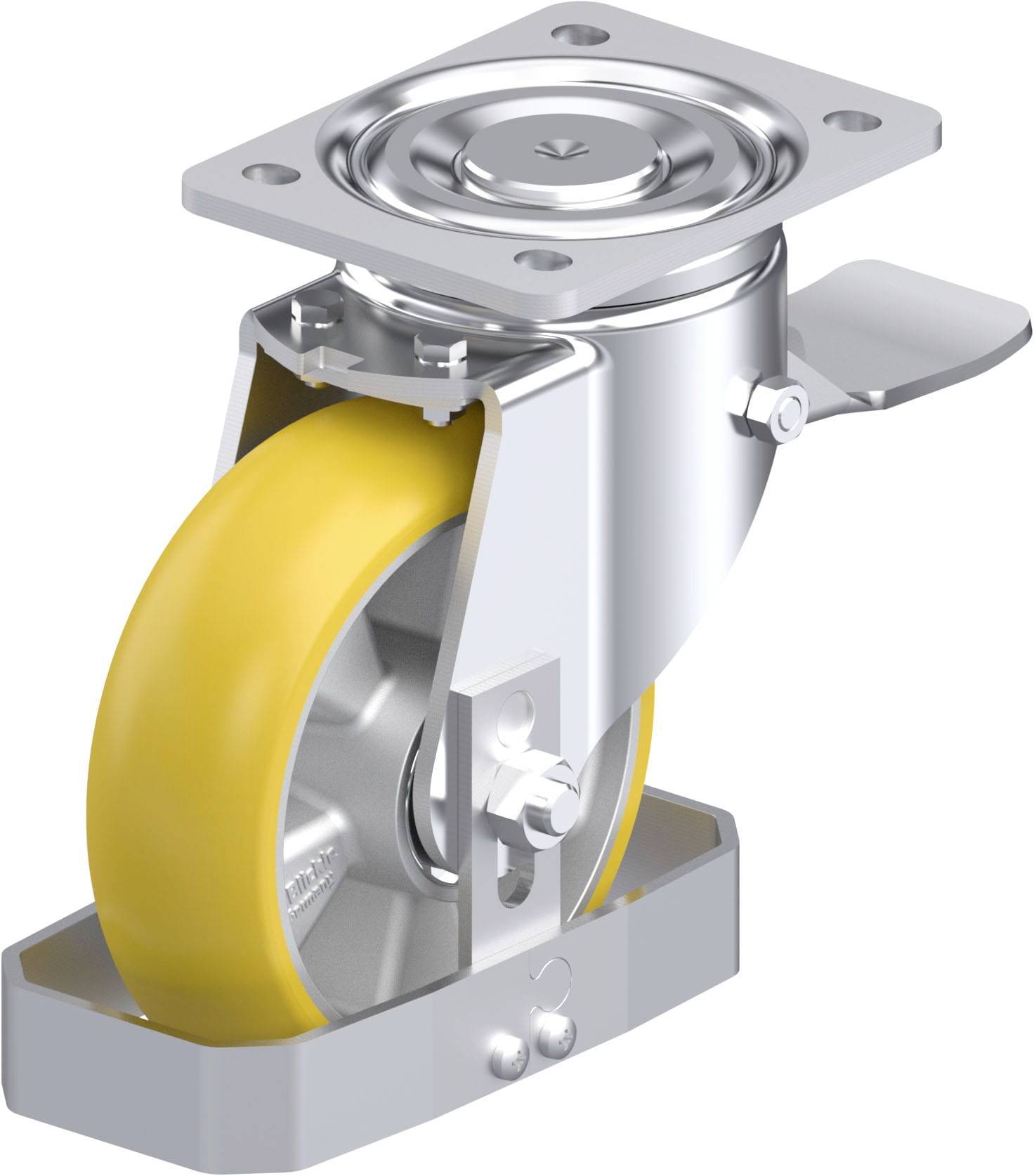 Schwenkrolle mit gelbem Rad und silbernem Gehäuse. Ideal für den industriellen Einsatz und schwere Lasten.