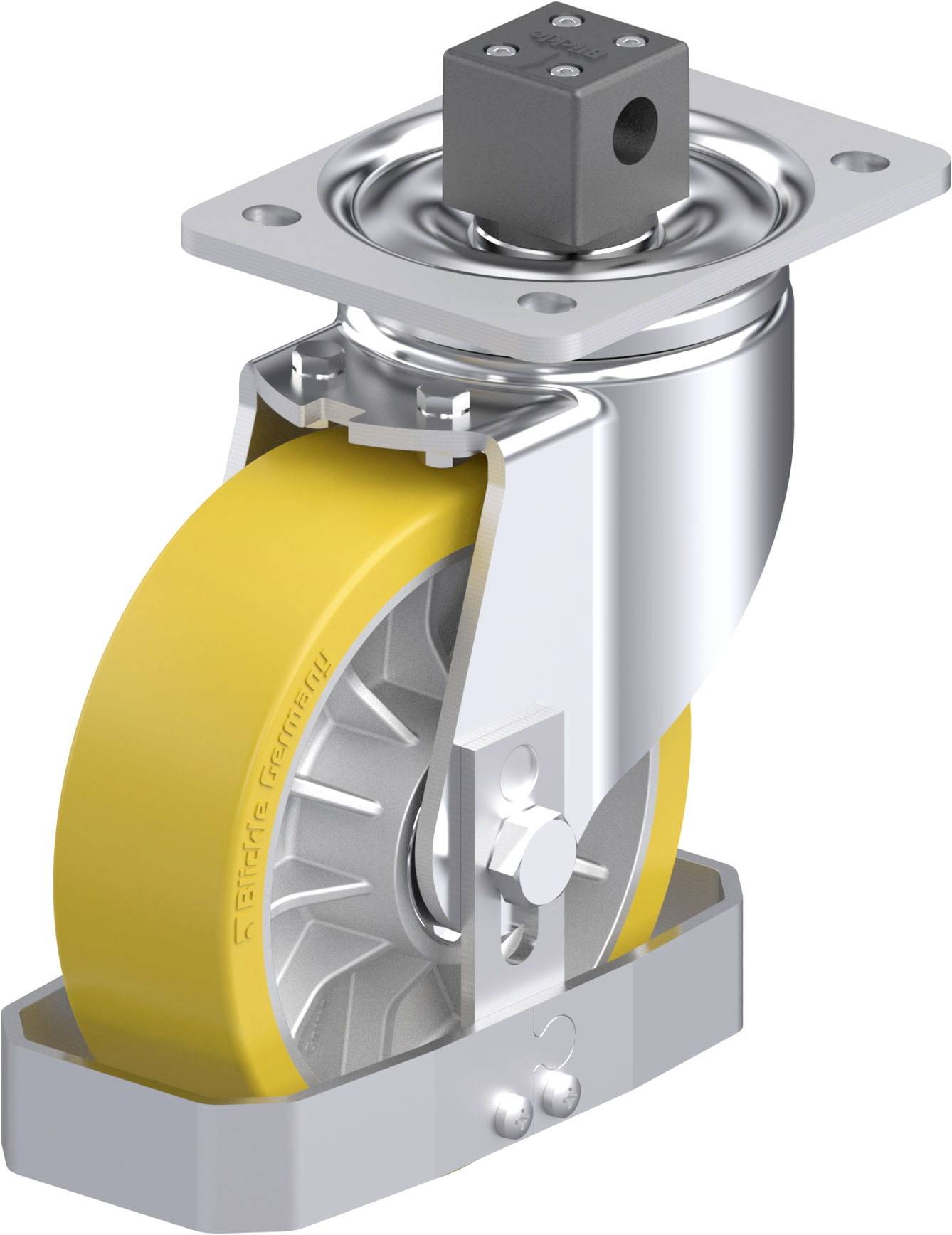 Industrie-Lenkrolle mit gelbem Rad, Metallrahmen und Montageplatte, geeignet für schwere Lasten in Lager- oder Produktionsumgebungen.