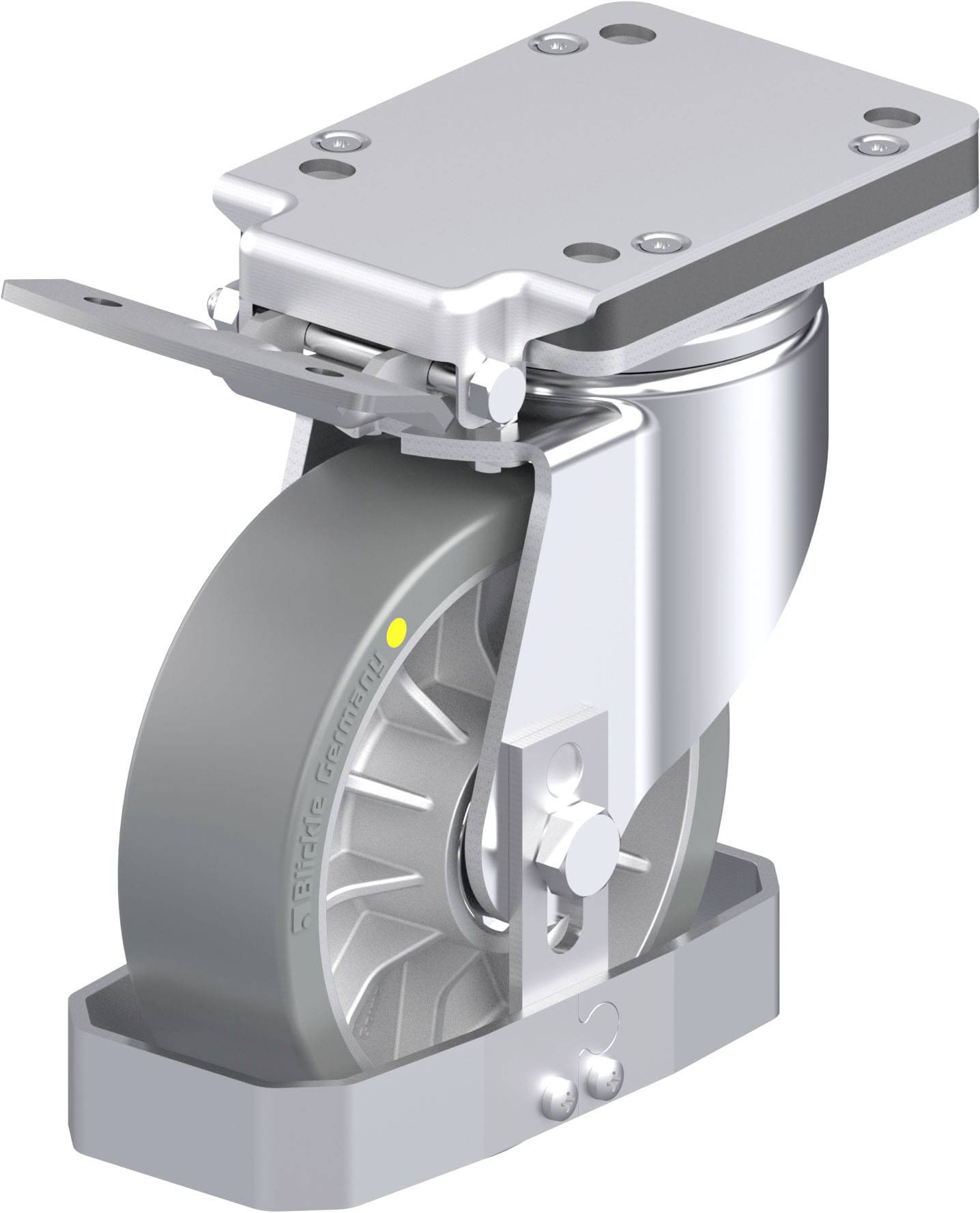 Graue, schwenkbare Rolle aus Metall und Kunststoff mit einer Befestigungshalterung oben. Geeignet für industrielle Anwendungen.