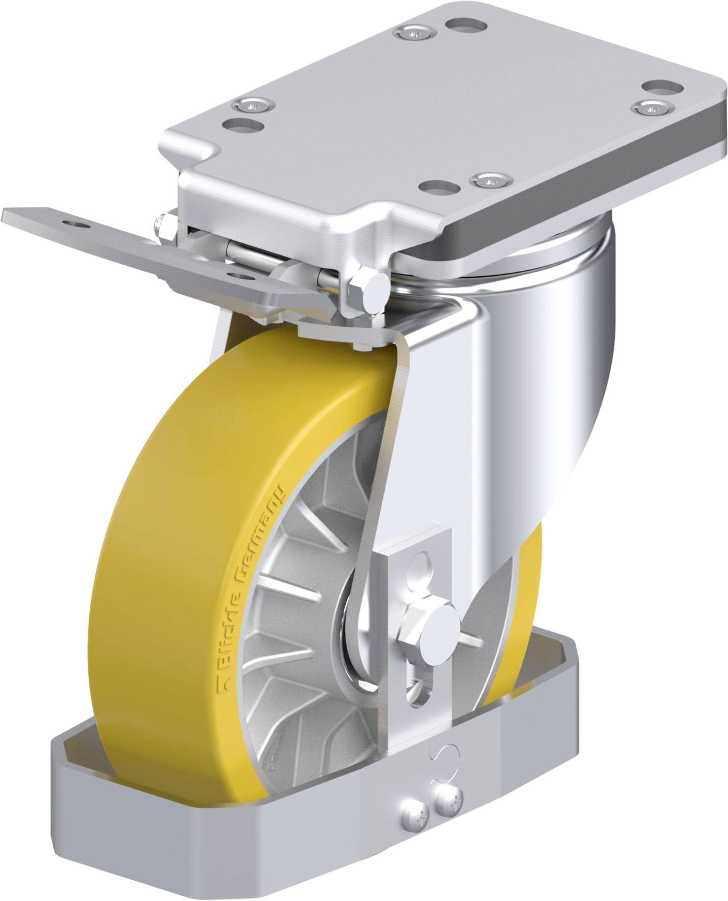 Industrie-Lenkrolle mit gelbem Rad und Metallhalterung. Ideal für schwere Lasten in Transport- und Produktionsanwendungen.