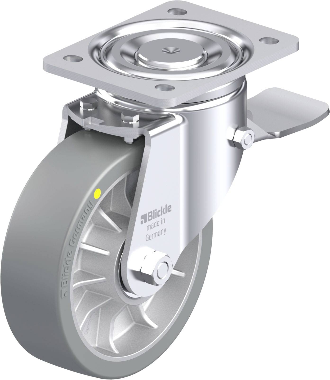 Metallisches Möbelrad mit grauem Gummi, Drehplatte und Feststellbremse, ideal für industrielle Anwendungen.