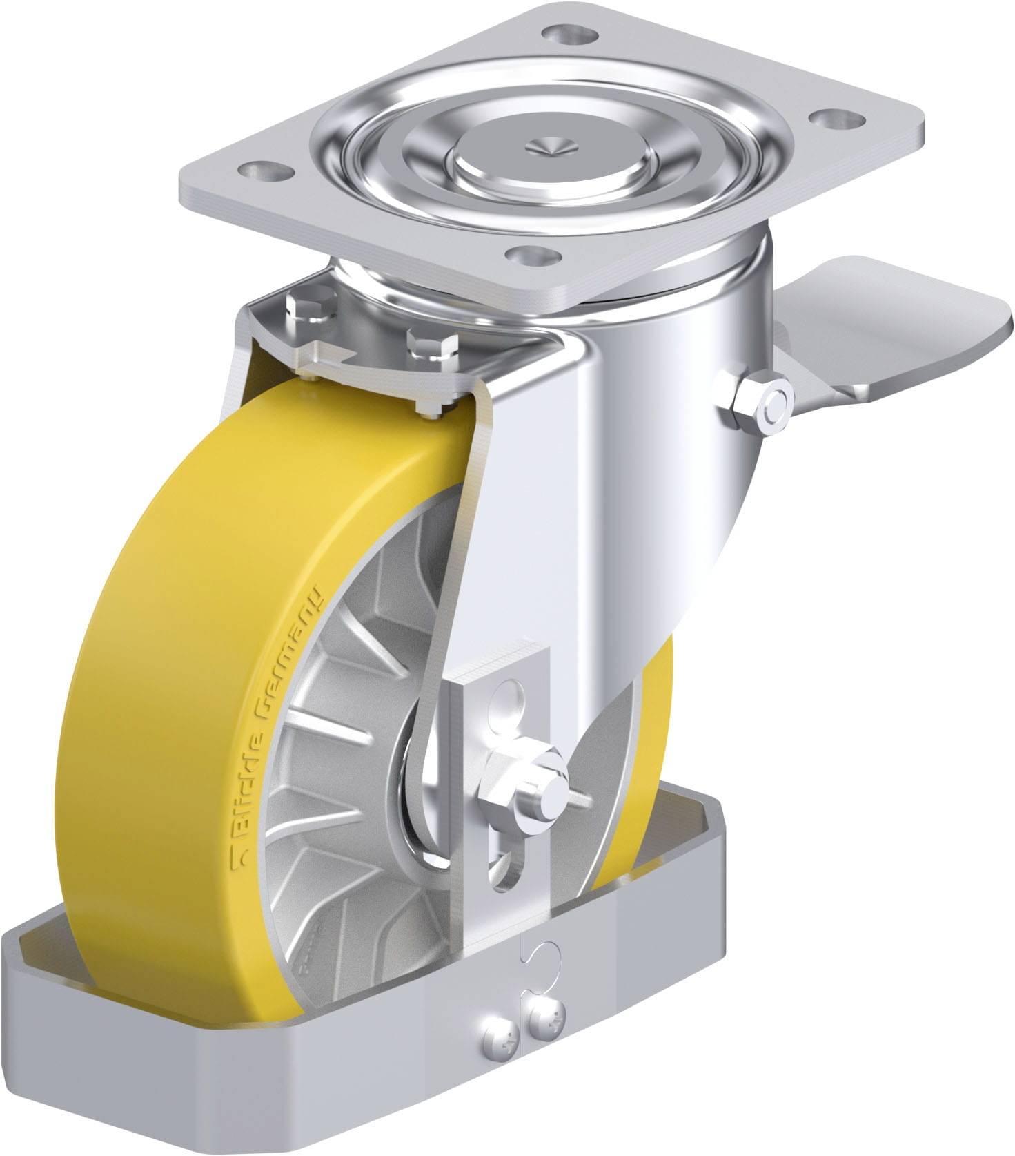 Industrie-Lenkrolle mit gelbem Rad und Metallsockel. Geeignet für schwere Lasten und Mobilitätseinsätze.