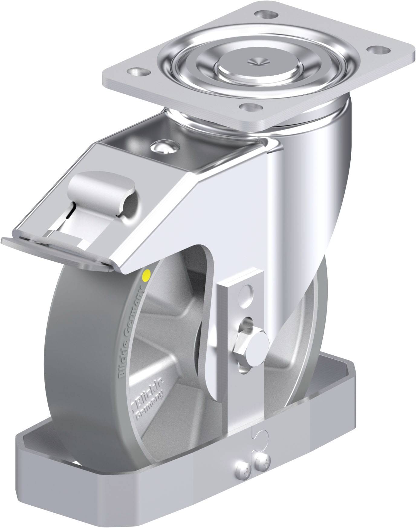 Industrie-Schwenkrolle aus Metall mit großer, robust aussehender grauer Radfläche. Geeignet für schwere Lasten in industriellen Anwendungen.