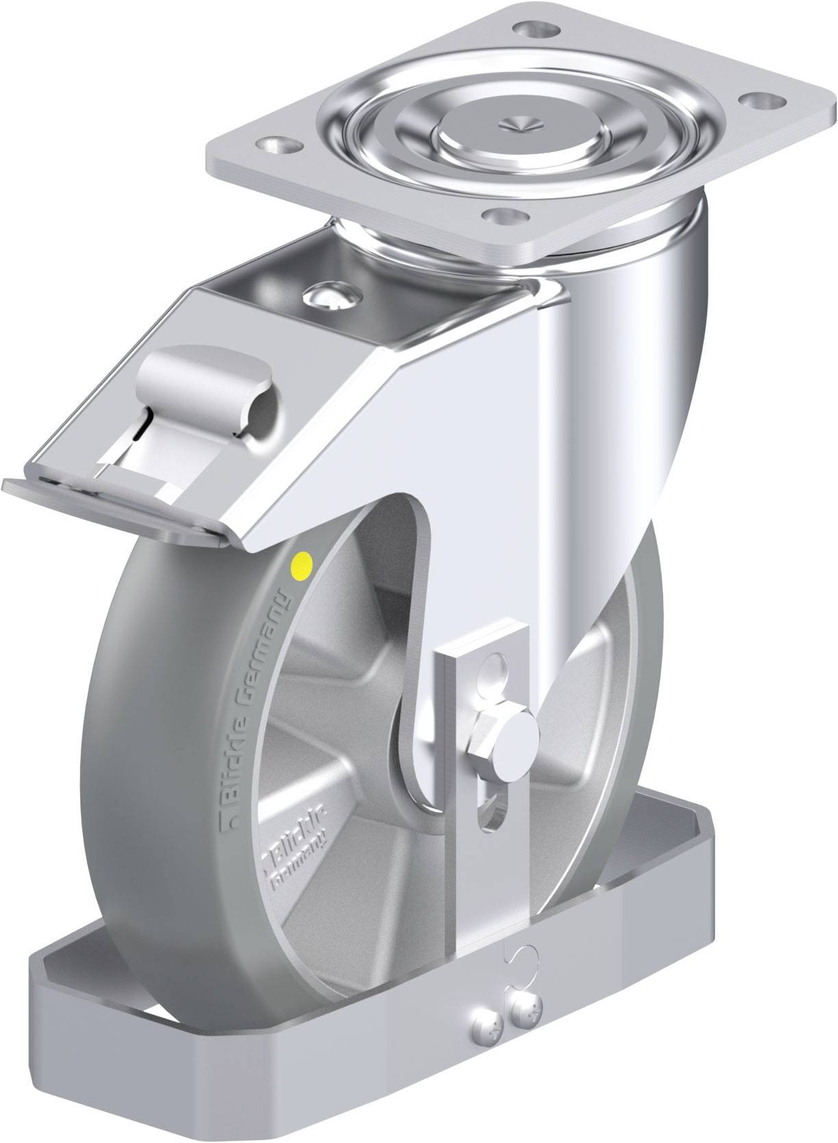 Industrie-Drehrolle aus Metall mit grauem Rad und Montageplatte. Verwendet für Transportgeräte und industrielle Anwendungen.