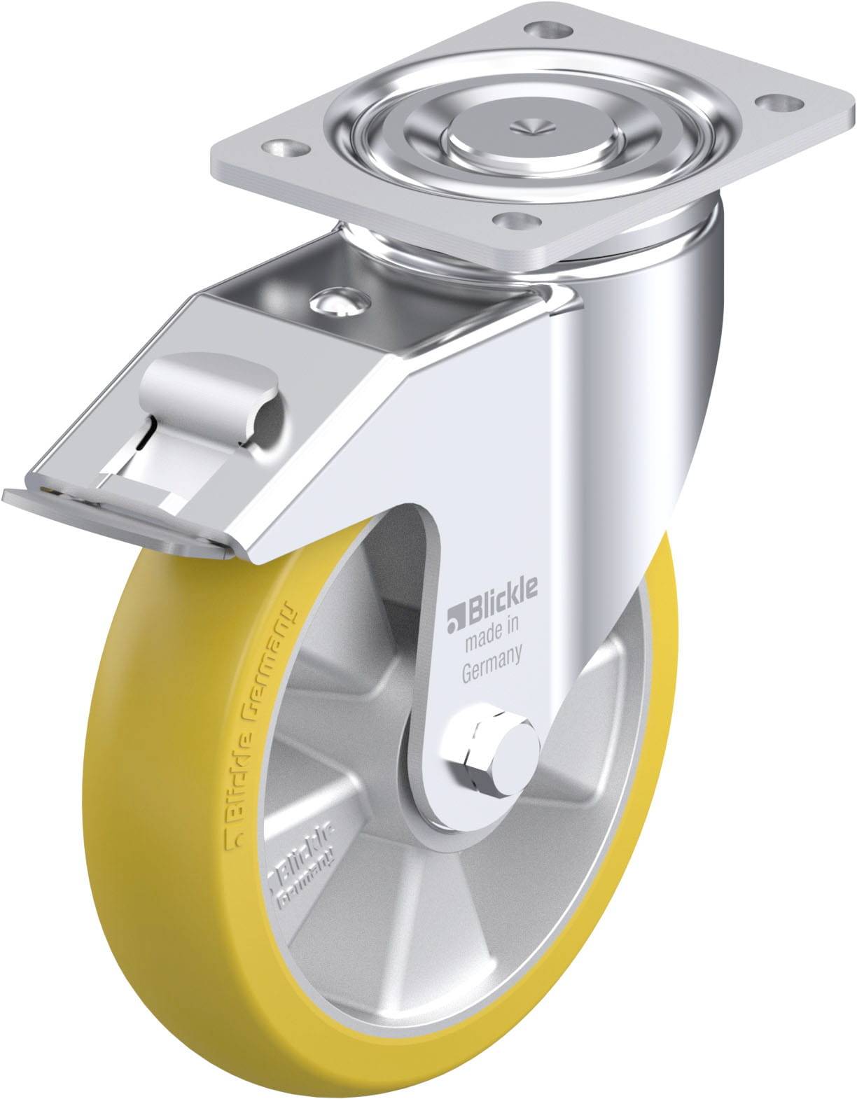 Industrie-Lenkrolle mit gelbem Rad, silbernem Gehäuse und Befestigungsplatte, geeignet für schwere Lasten. Markenname aufgedruckt.