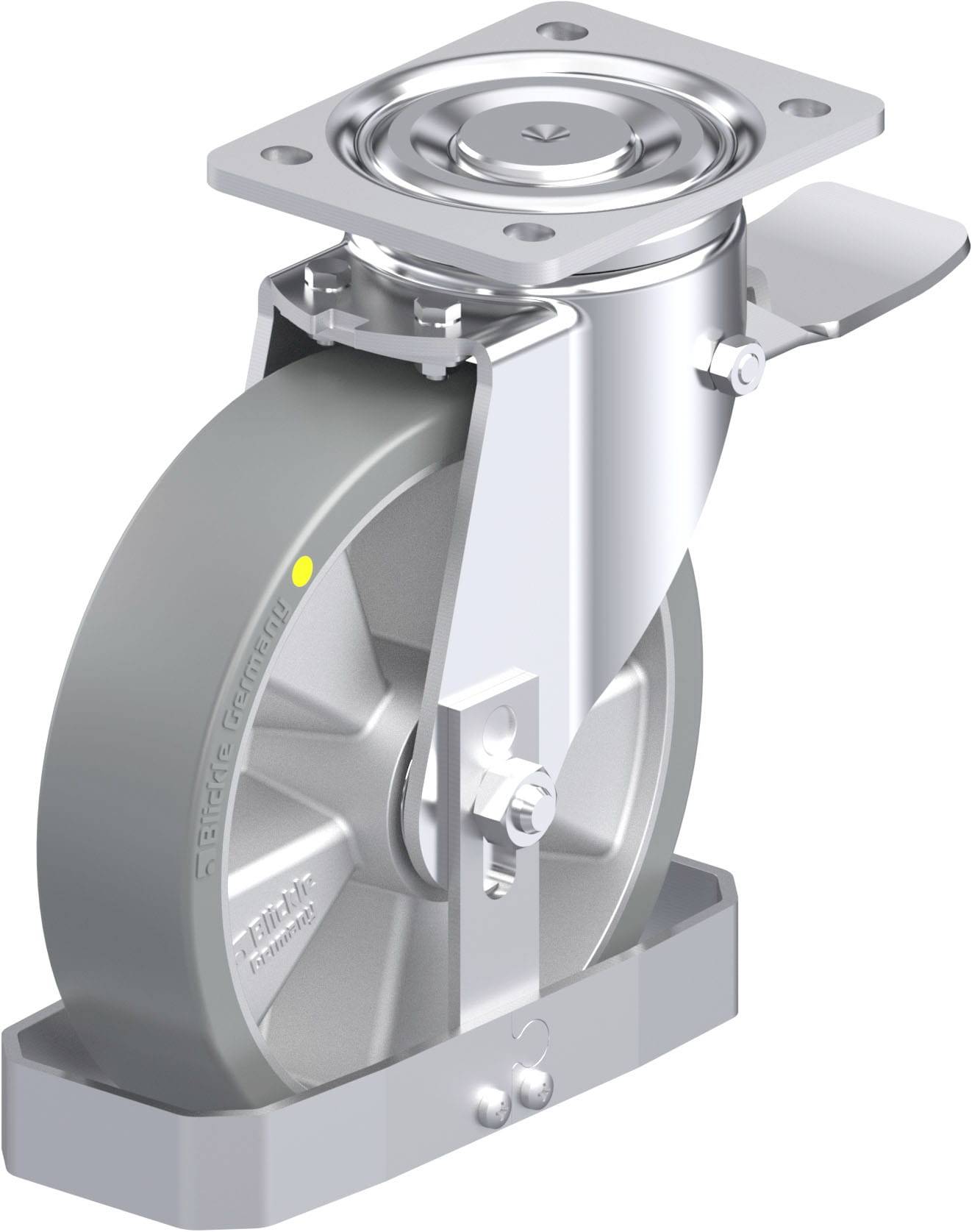 Schwenkrolle mit Bremse, graues Rad und silbernes Metallgehäuse.
