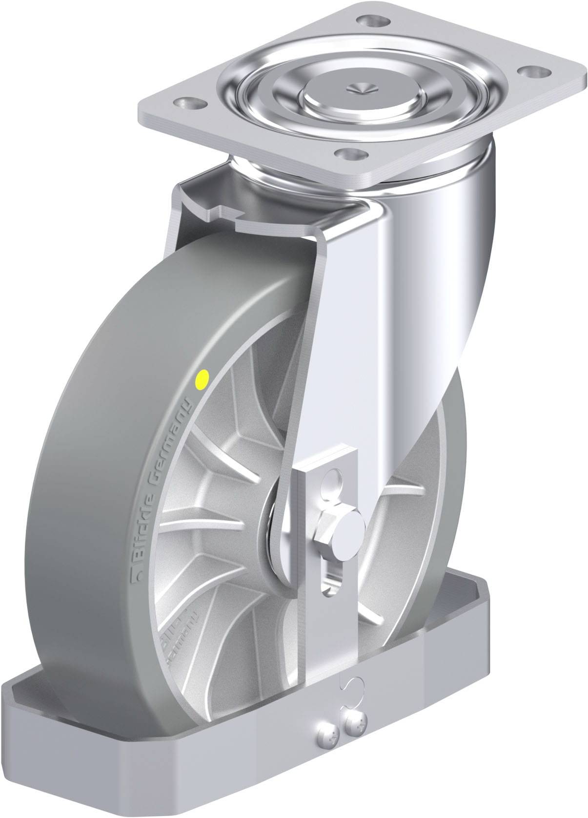 Industrie-Rolle aus Metall und Gummi, mit drehbarem und feststellbarem Gehäuse, zur Befestigung an Maschinen oder Geräten.
