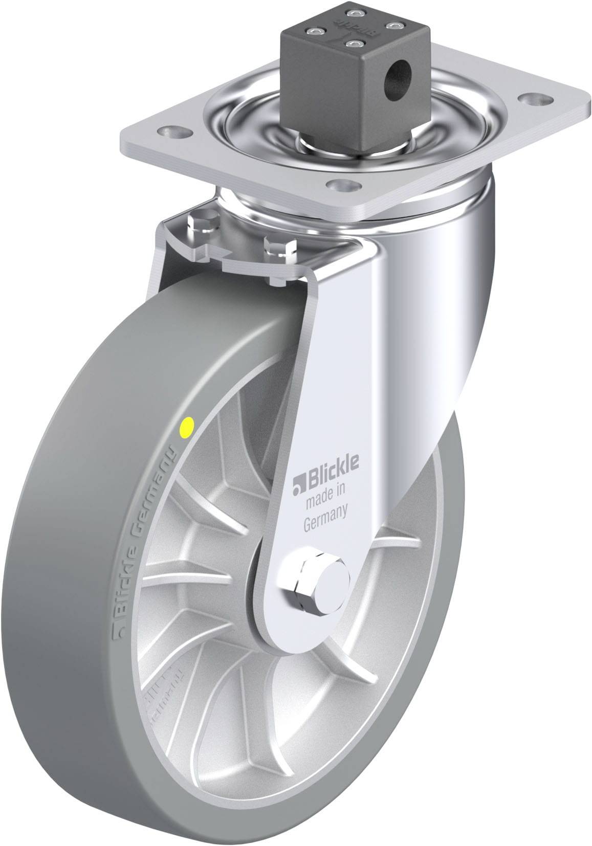 Metall-Gelenkrolle mit grauem Rad für Möbeldesign, hergestellt in Deutschland von Blickle.