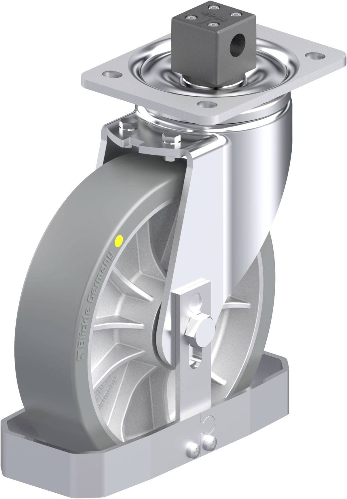 Rolle mit festem Gehäuse, geeignet für schwere Lasten. Aus Metall und Kunststoff, darauf ein quadratisches Drehgelenk.