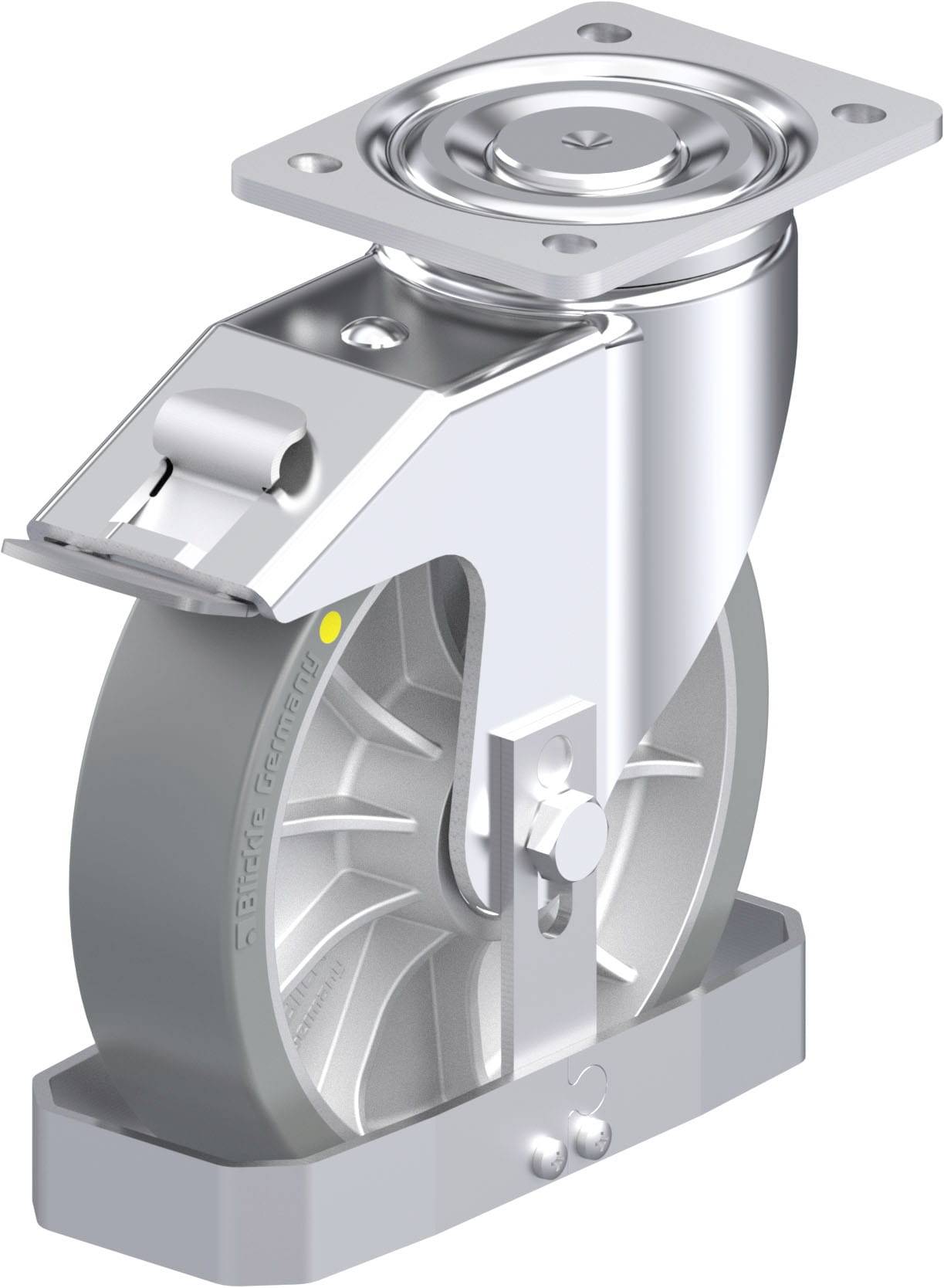 Industrielles Rad aus Metall mit Drehgelenk, geeignet für schwere Lasten in Rollregalen oder Maschinen, auf weißem Hintergrund.