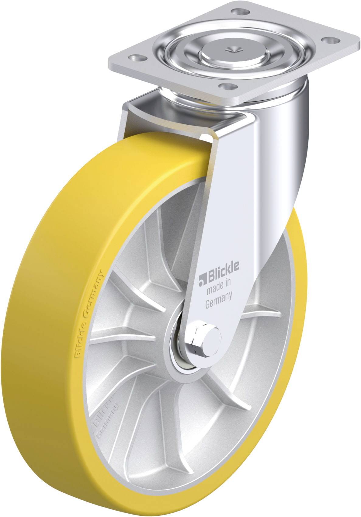 Gelbes Schwerlast-Lenkrolle von Blickle, robustes Design aus Metall, geeignet für industrielle Anwendungen, hergestellt in Deutschland.