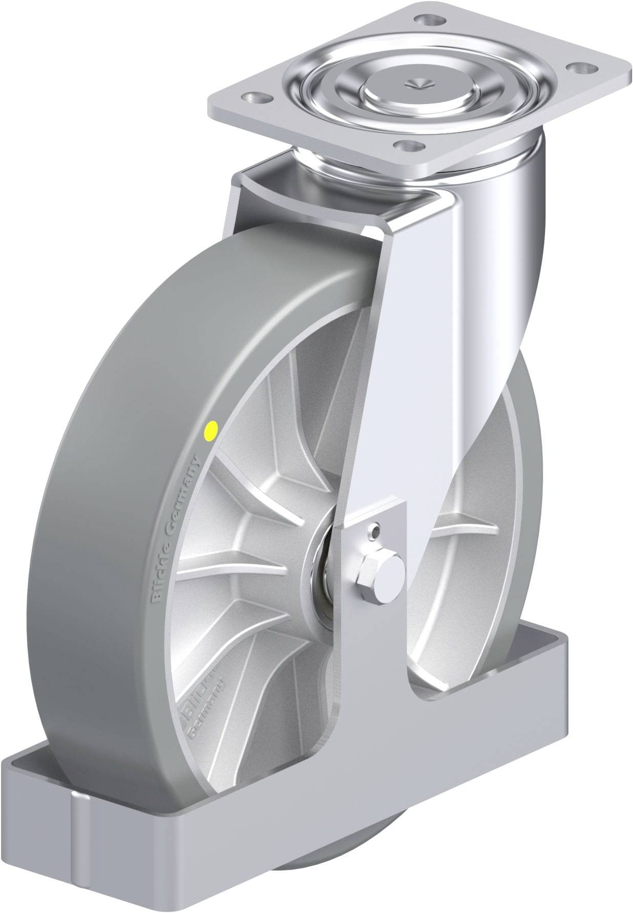 Rollenrad mit silberner Halterung und grauem Gummi, drehbar montiert, für industrielle Anwendungen.