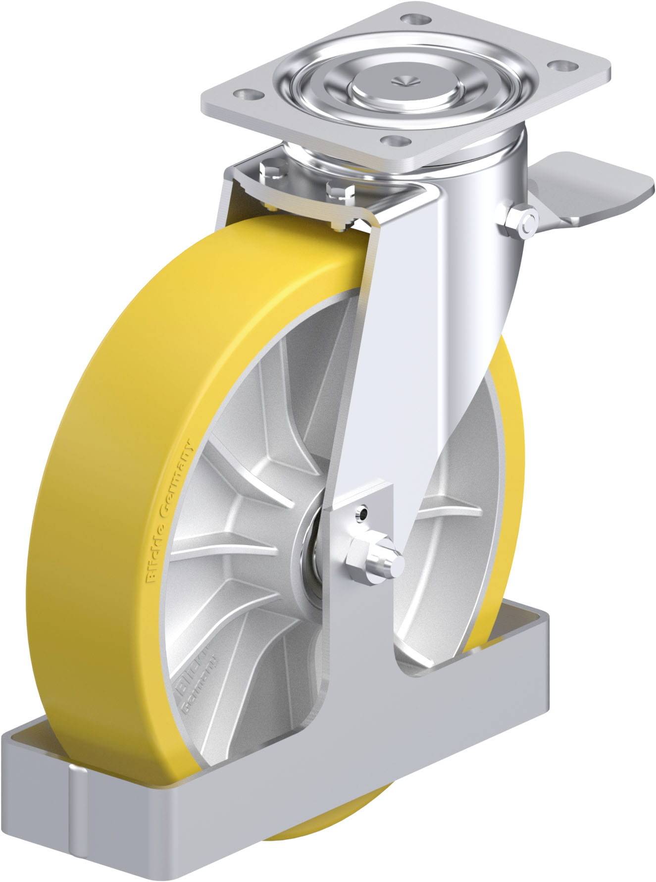 Industrielles Lenkrad mit gelber Gummibeschichtung und grauem Metallgehäuse, geeignet für schwere Maschinen oder Transportwagen.