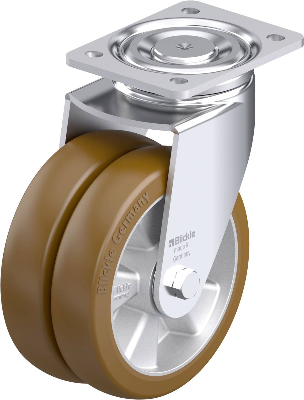 Die Abbildung zeigt ein doppeltes Lenkrollen-Rad mit braunen Reifen und Metallhalterung, geeignet für schwere Lasten.